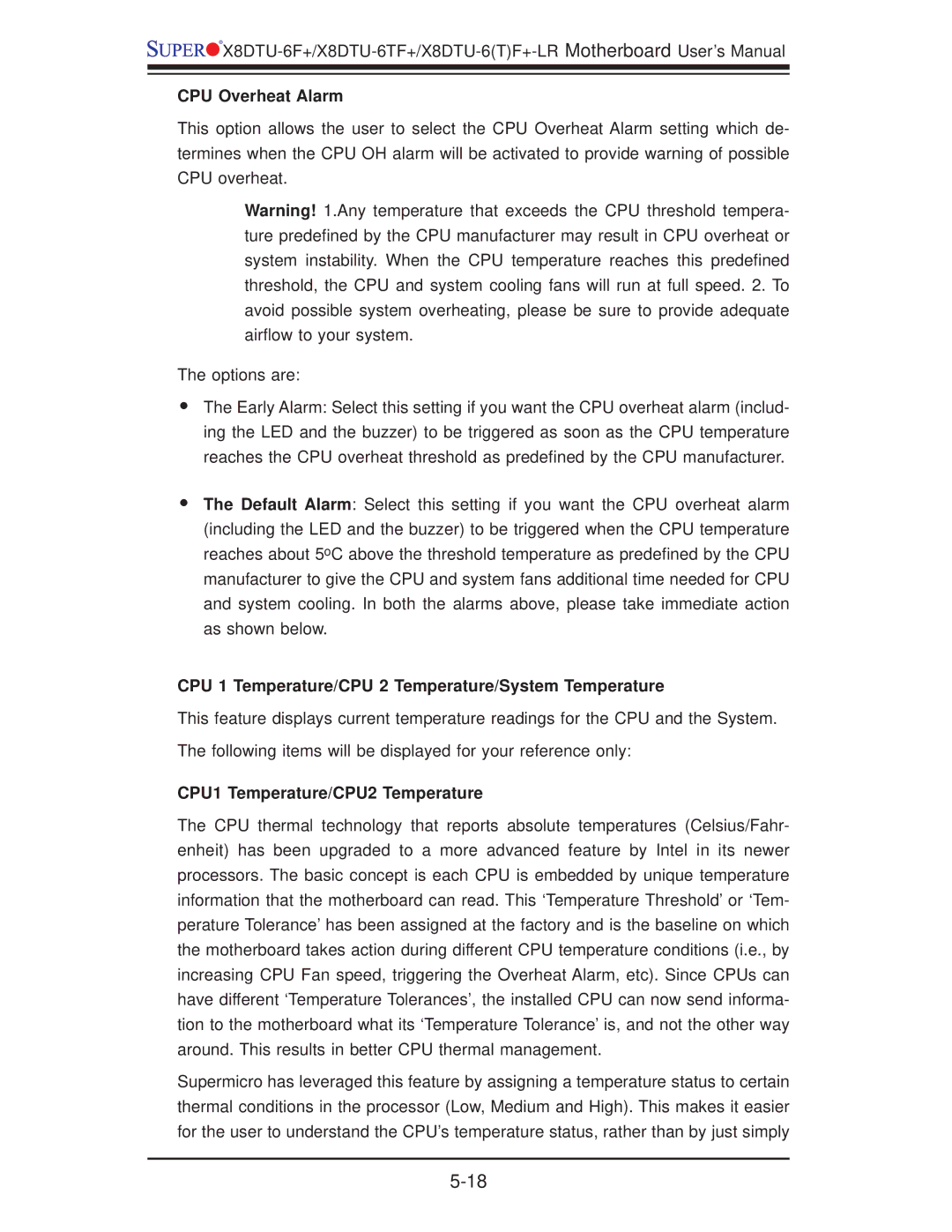 SUPER MICRO Computer X8DTU-6F+, X8DTU-6TF+ manual CPU Overheat Alarm, CPU 1 Temperature/CPU 2 Temperature/System Temperature 