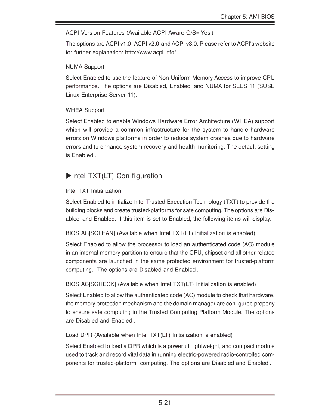 SUPER MICRO Computer X8DTU-6TF+-LR, X8DTU-6F+ manual Intel Txtlt Conﬁguration, Whea Support, Intel TXT Initialization 