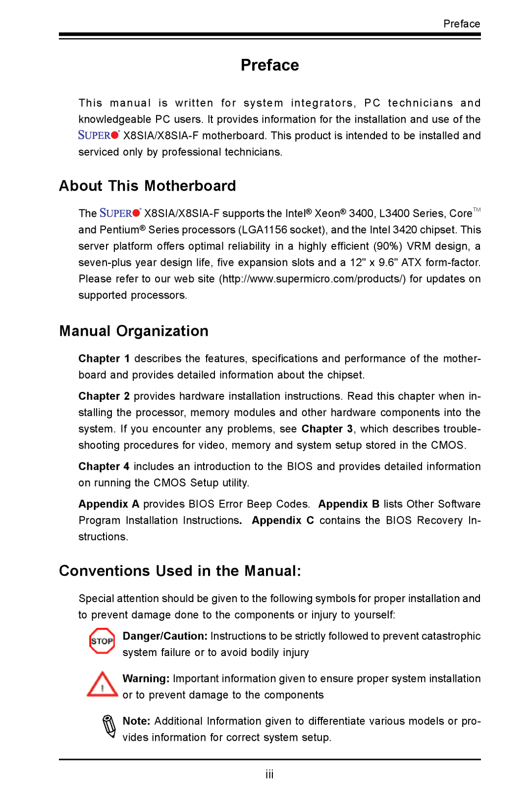 SUPER MICRO Computer X8SIA-F user manual About This Motherboard Manual Organization, Conventions Used in the Manual 