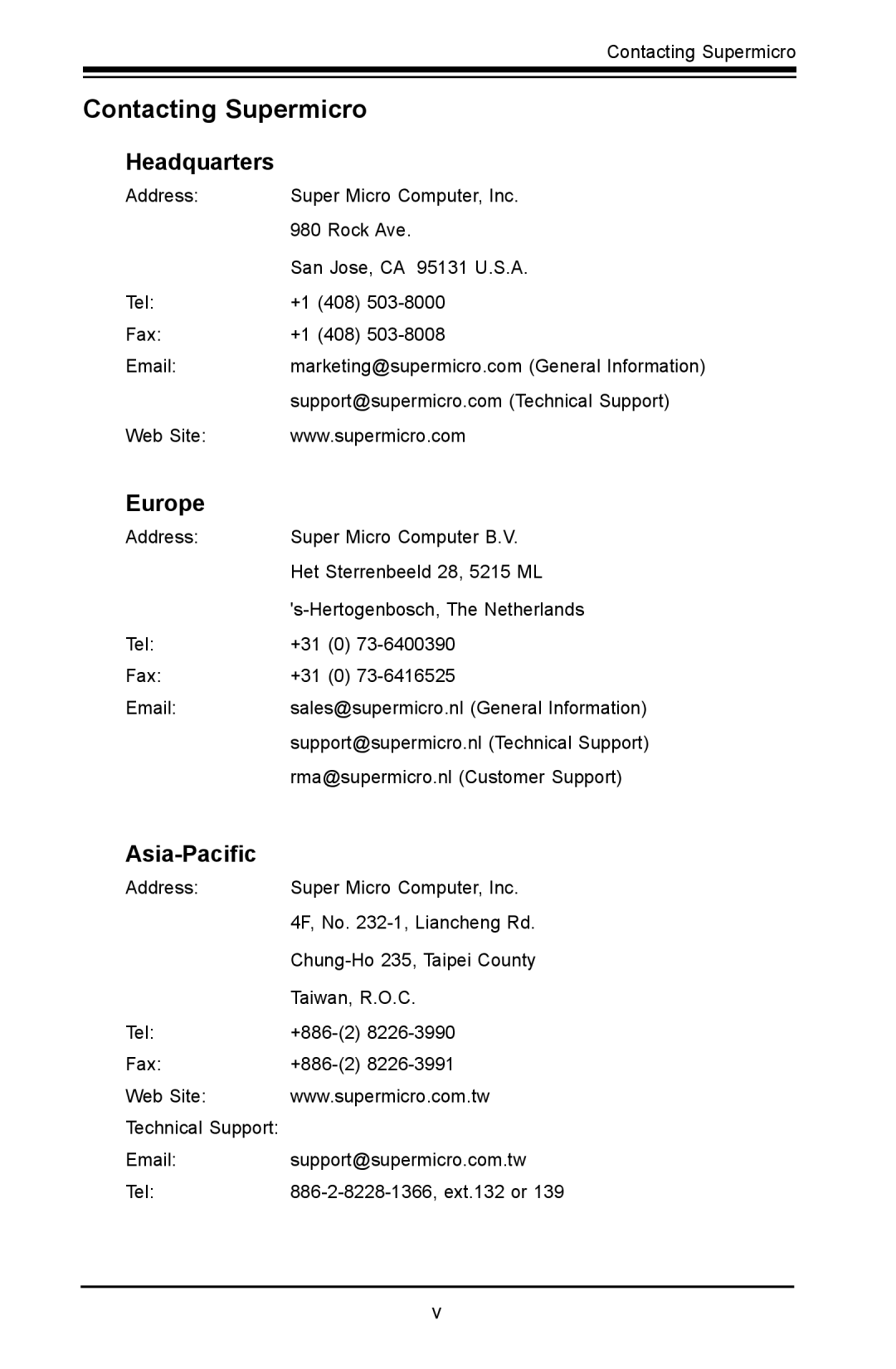 SUPER MICRO Computer X8SIA-F user manual Contacting Supermicro, Headquarters, Europe, Asia-Pacific 