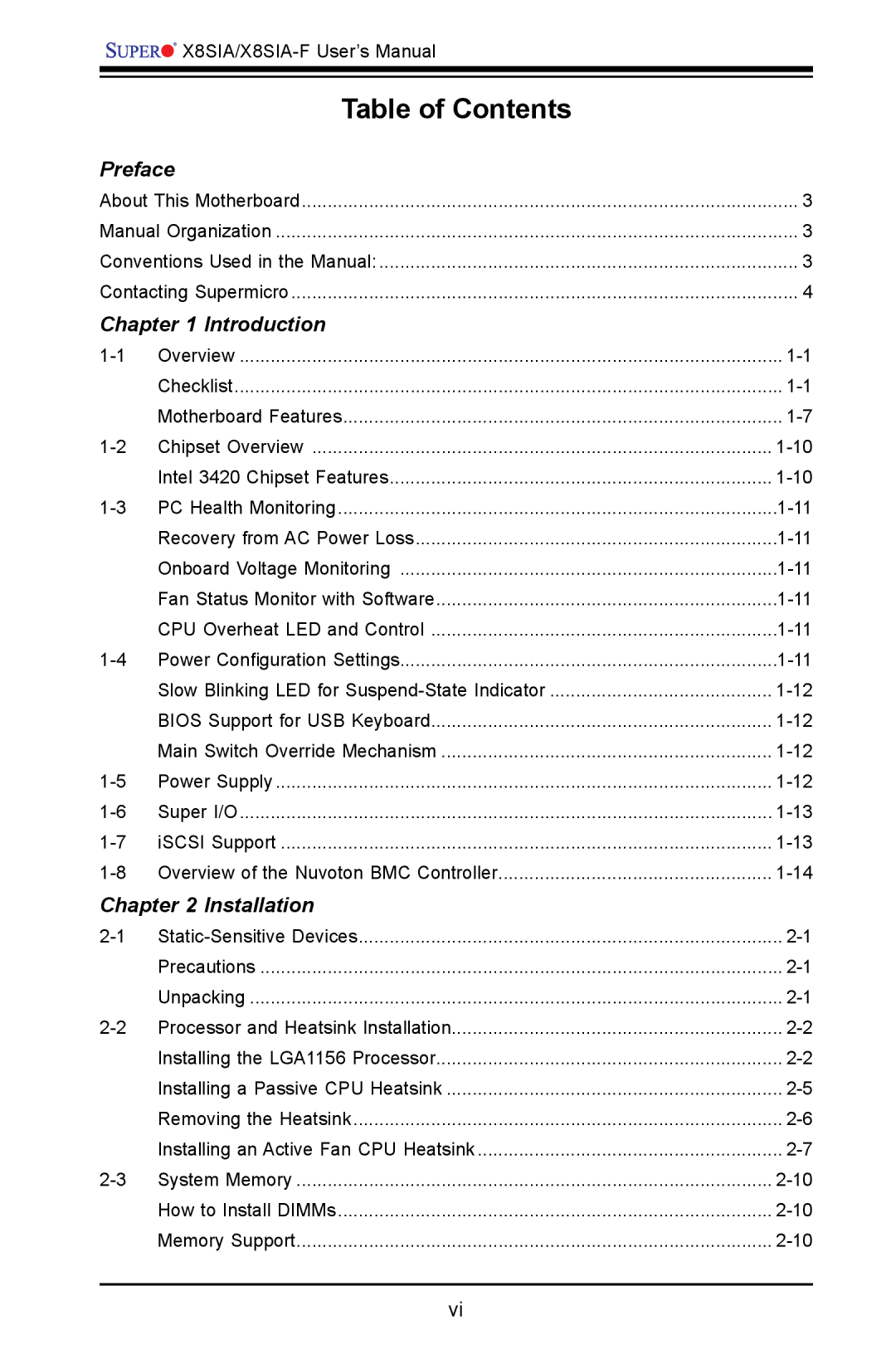 SUPER MICRO Computer X8SIA-F user manual Table of Contents 