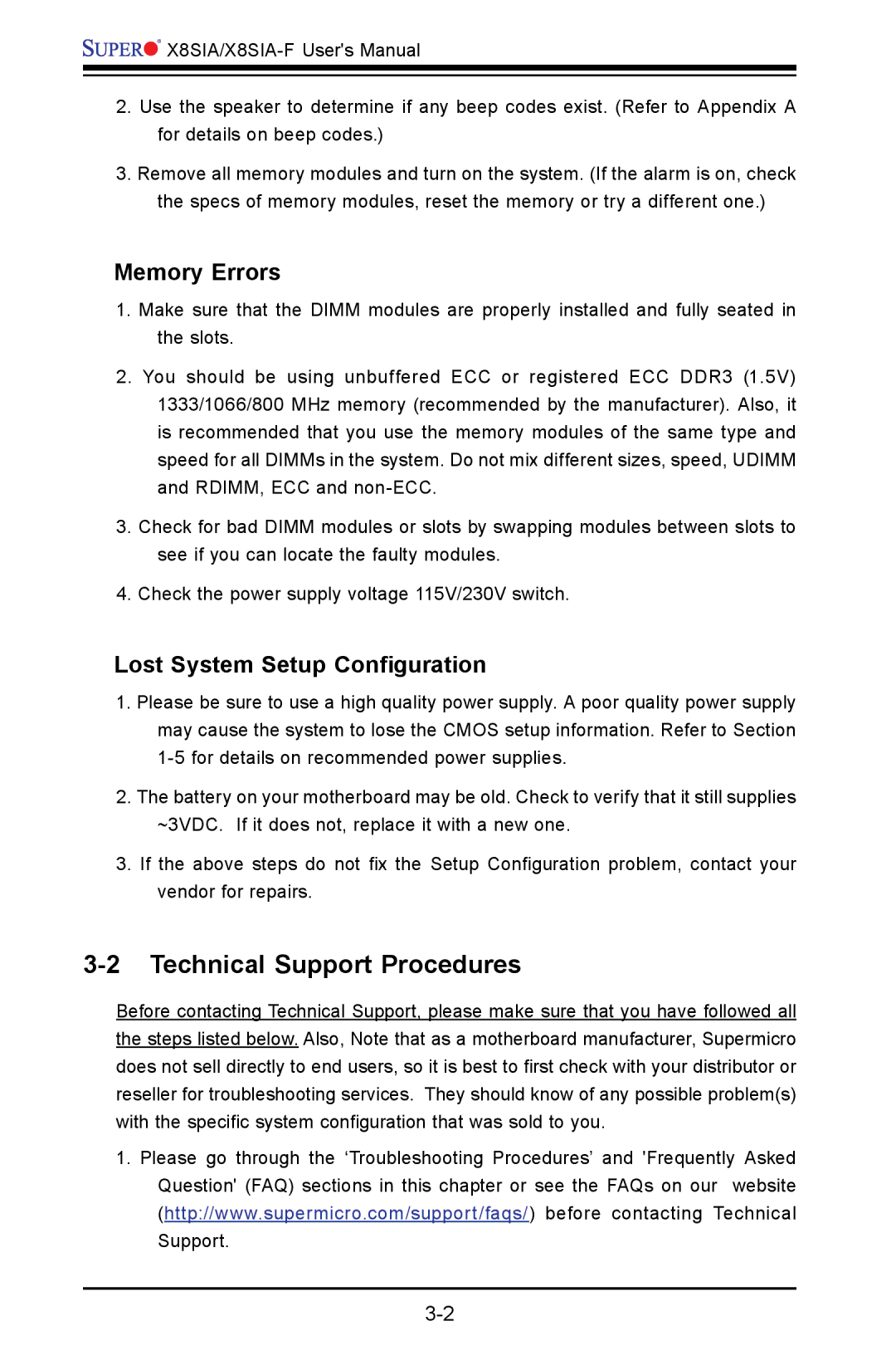 SUPER MICRO Computer X8SIA-F user manual Technical Support Procedures, Memory Errors, Lost System Setup Configuration 