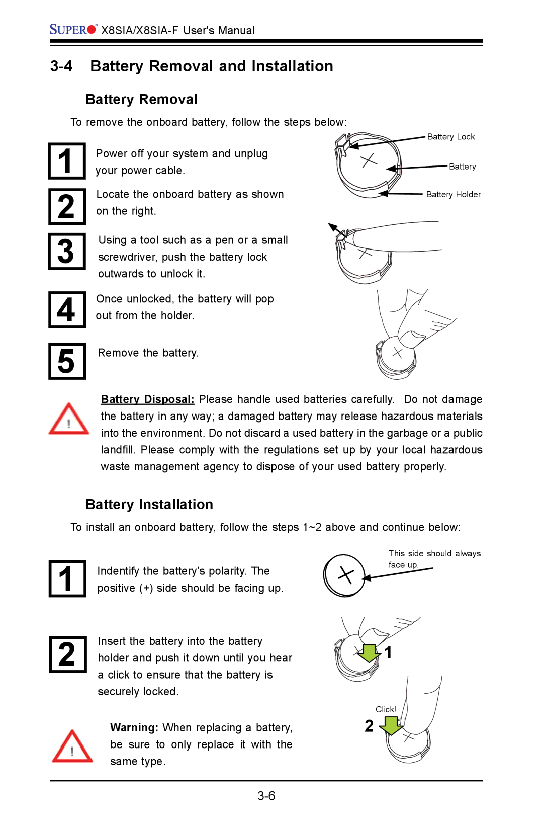 SUPER MICRO Computer X8SIA-F user manual Battery Removal and Installation, Battery Installation 