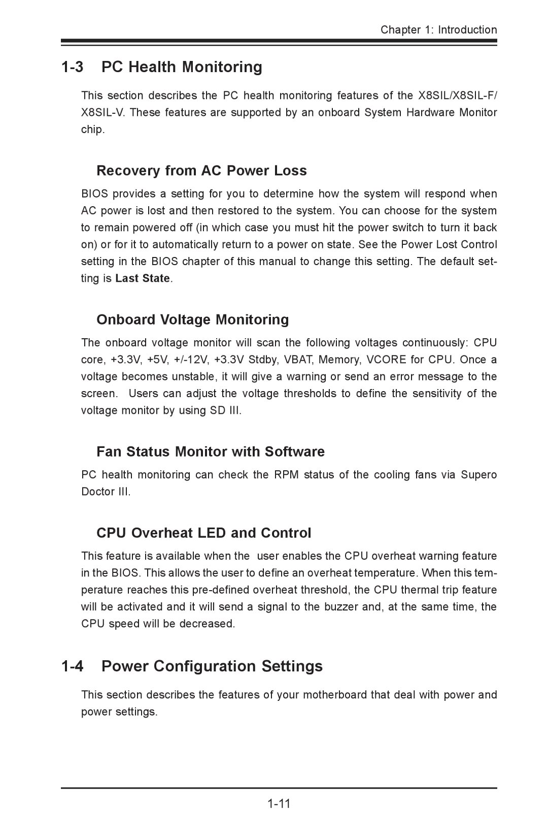 SUPER MICRO Computer X8SIL-V, X8SIL-F user manual PC Health Monitoring, Power Configuration Settings 