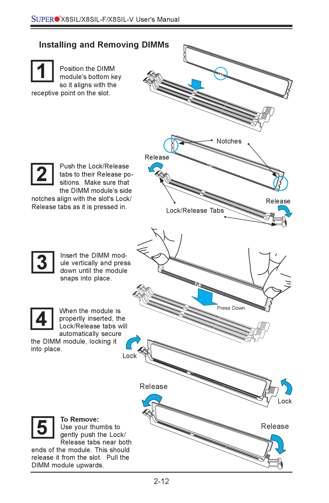SUPER MICRO Computer X8SIL-V, X8SIL-F user manual Installing and Removing DIMMs, To Remove 