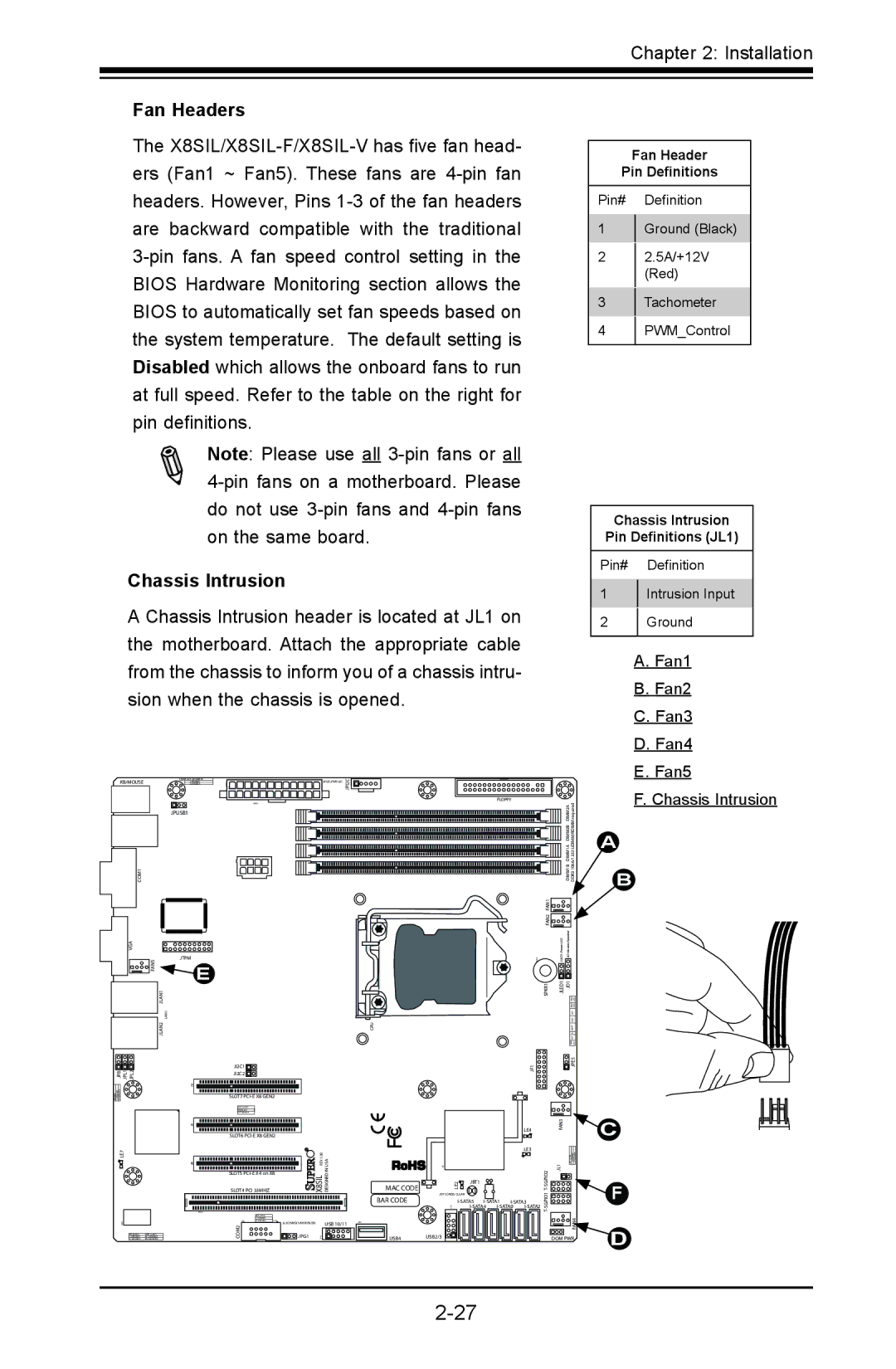 SUPER MICRO Computer X8SIL-V, X8SIL-F user manual Fan Headers, Chassis Intrusion 