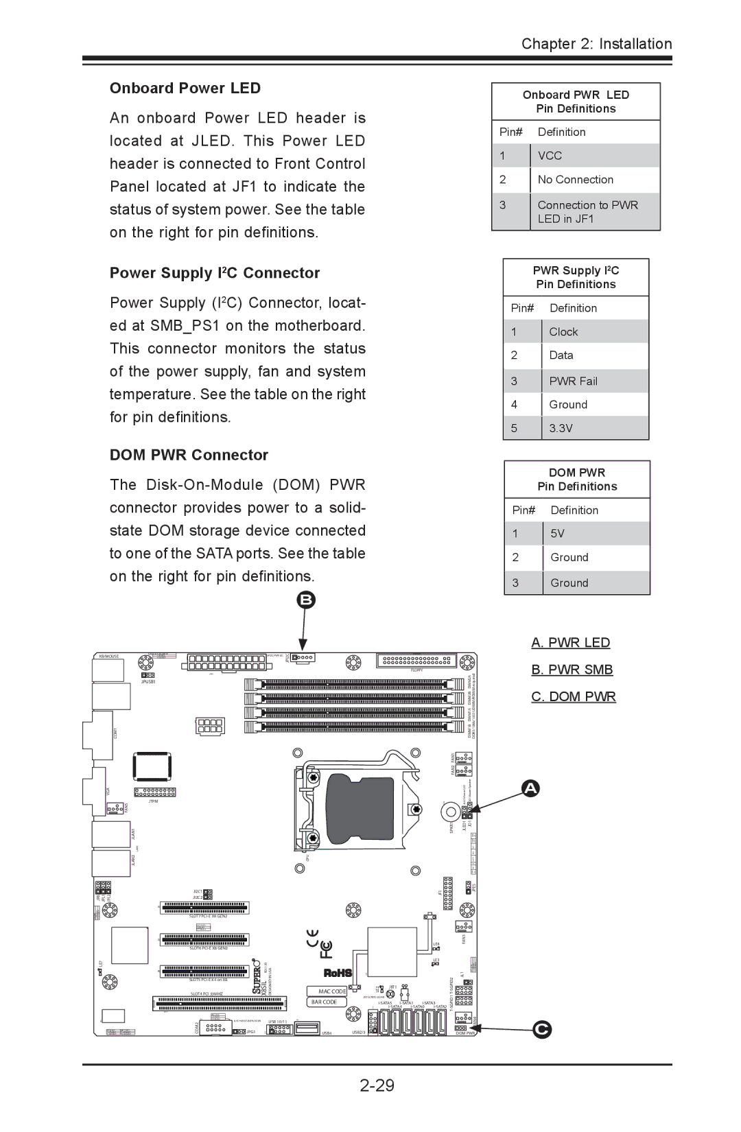 SUPER MICRO Computer X8SIL-F, X8SIL-V user manual Onboard Power LED, Power Supply I2C Connector, DOM PWR Connector 