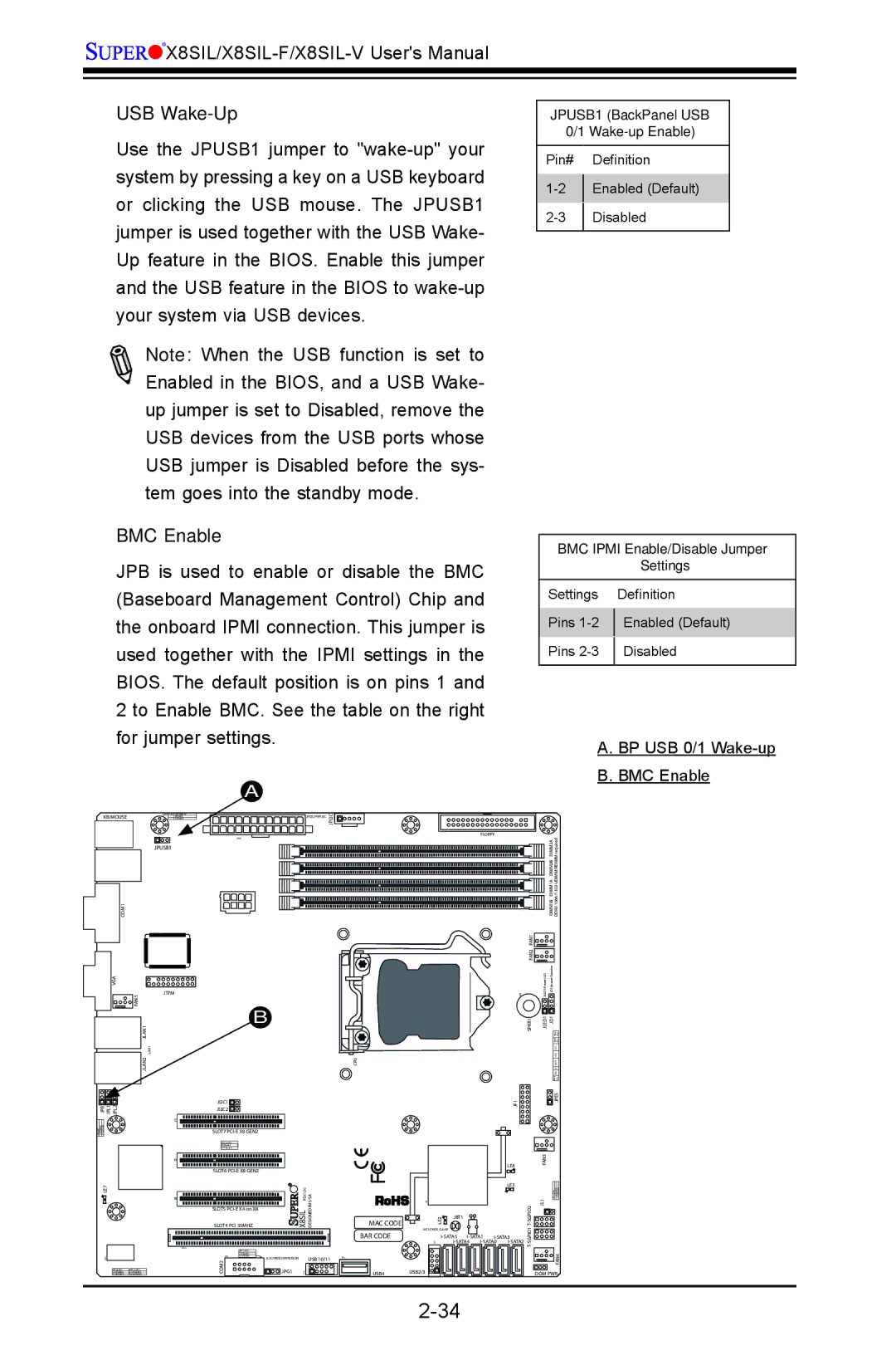 SUPER MICRO Computer X8SIL-V, X8SIL-F user manual USB Wake-Up, BP USB 0/1 Wake-up BMC Enable 