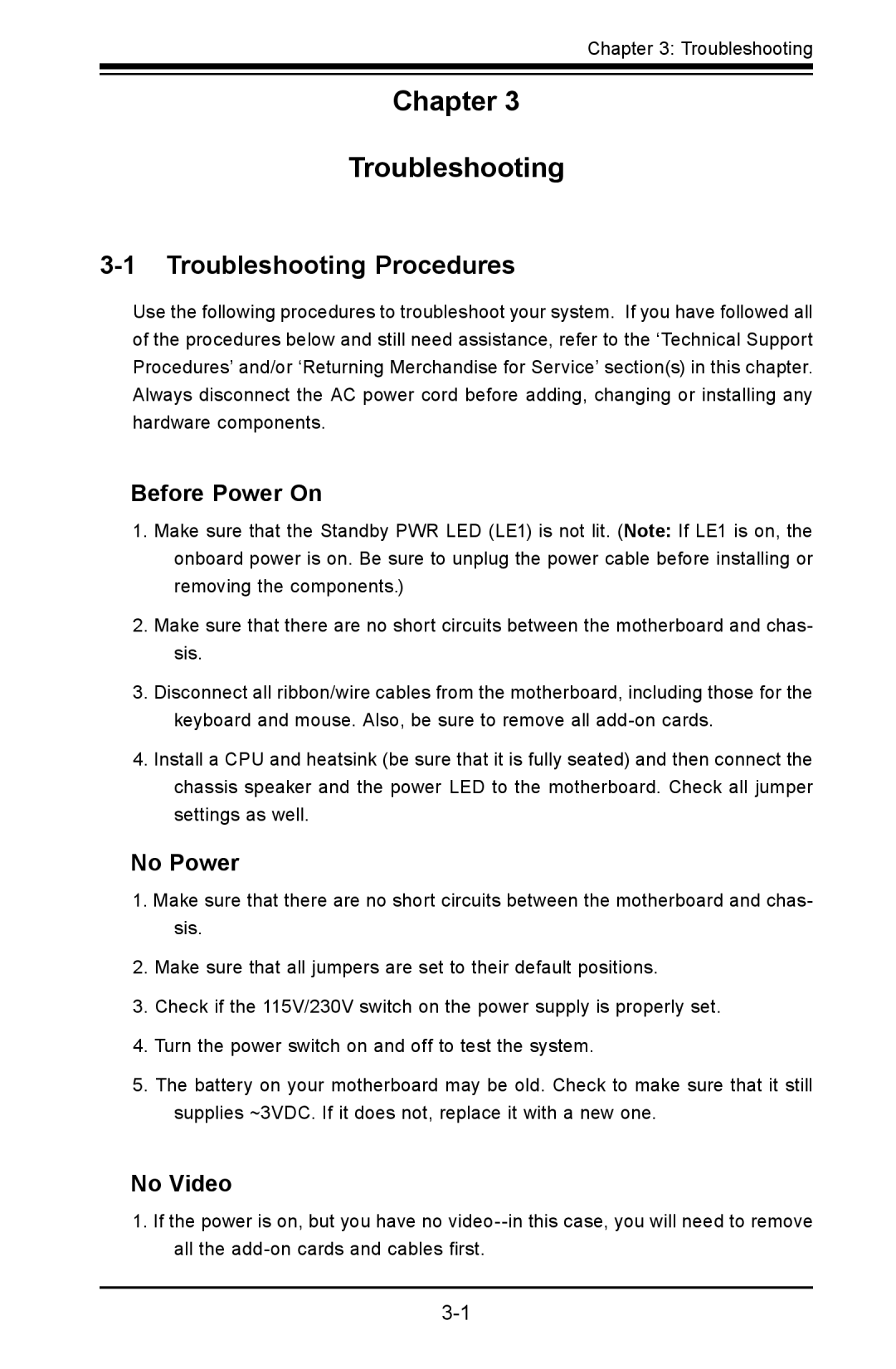 SUPER MICRO Computer X8SIL-V, X8SIL-F user manual Troubleshooting Procedures, Before Power On, No Power, No Video 