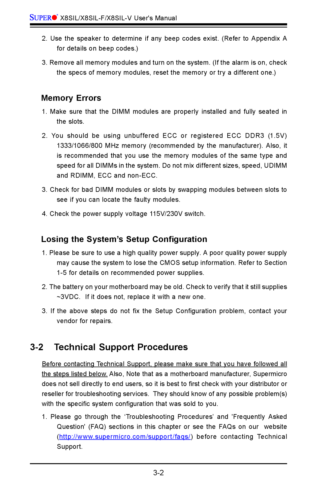 SUPER MICRO Computer X8SIL-V Technical Support Procedures, Memory Errors, Losing the System’s Setup Configuration 