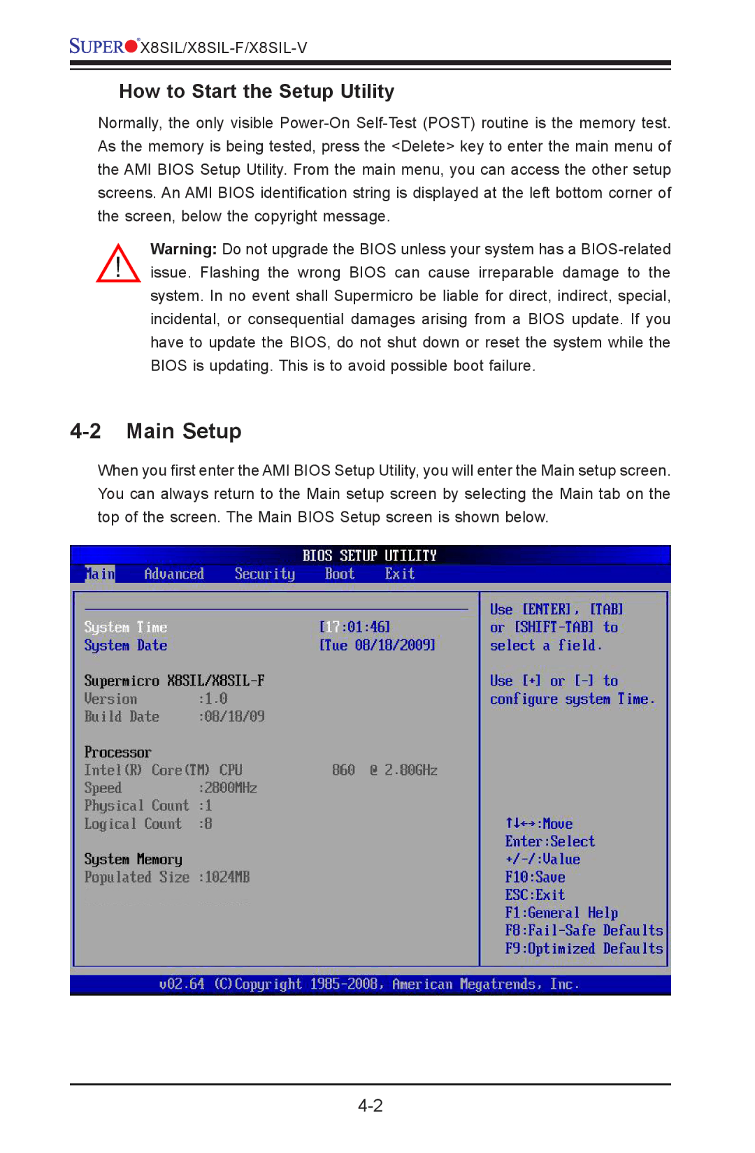 SUPER MICRO Computer X8SIL-V, X8SIL-F user manual Main Setup, How to Start the Setup Utility 