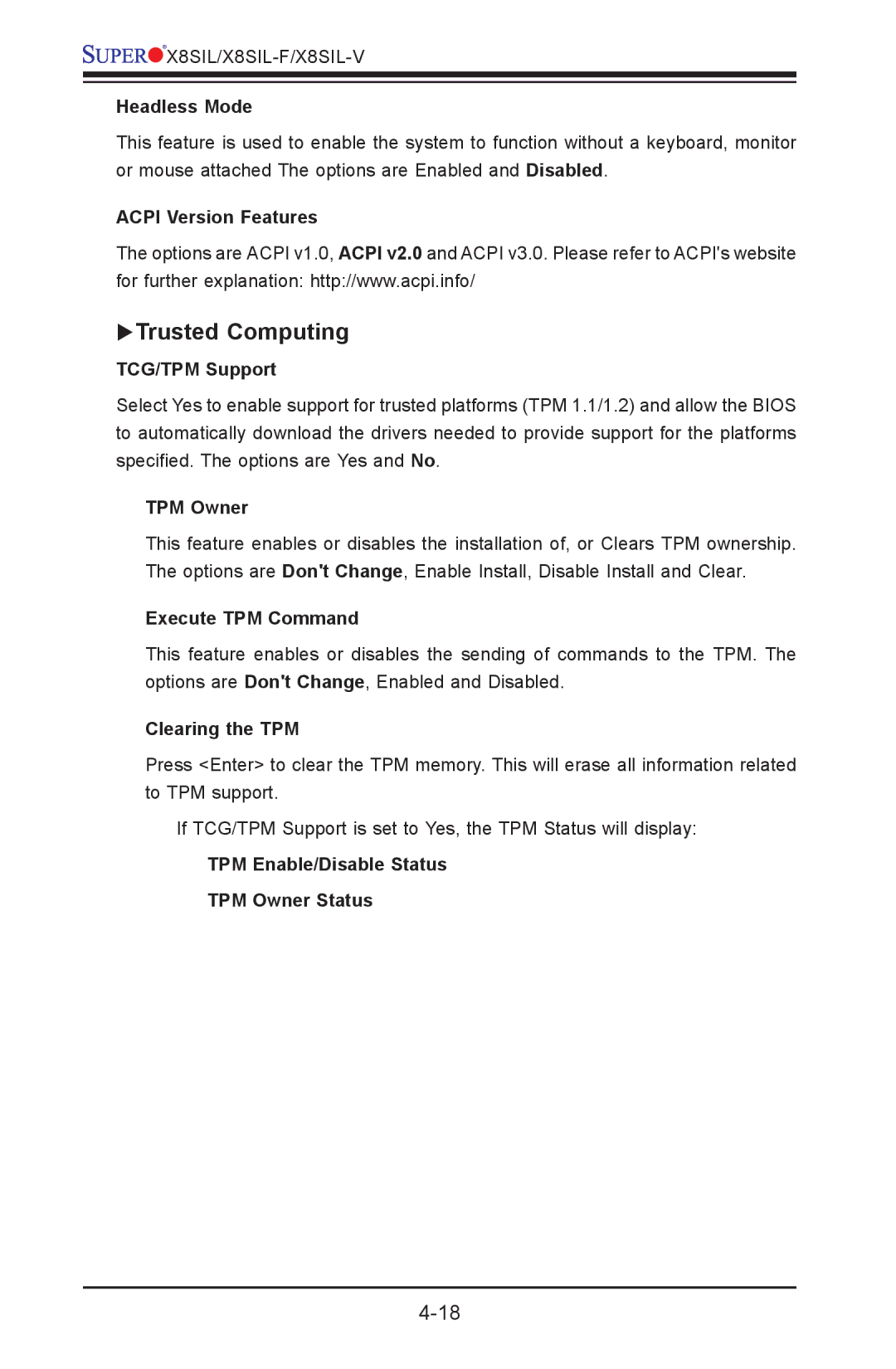 SUPER MICRO Computer X8SIL-V, X8SIL-F user manual Trusted Computing 