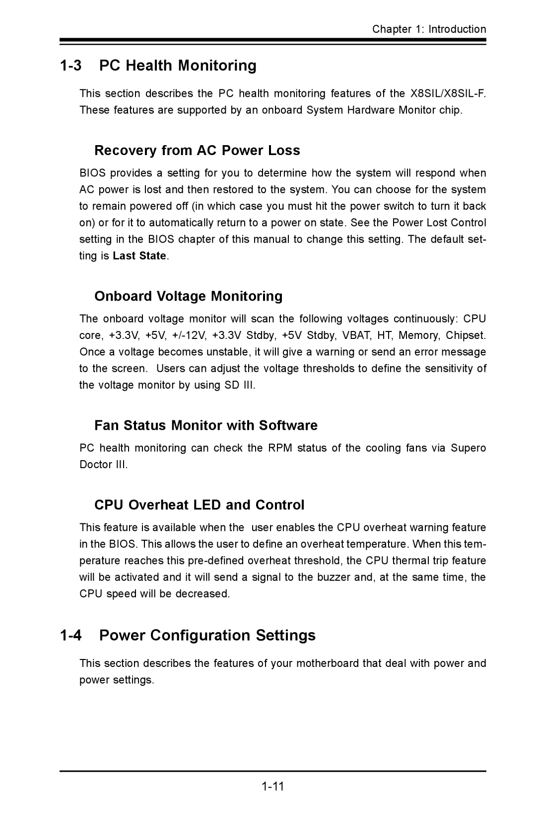 SUPER MICRO Computer X8SIL user manual PC Health Monitoring, Power Configuration Settings 