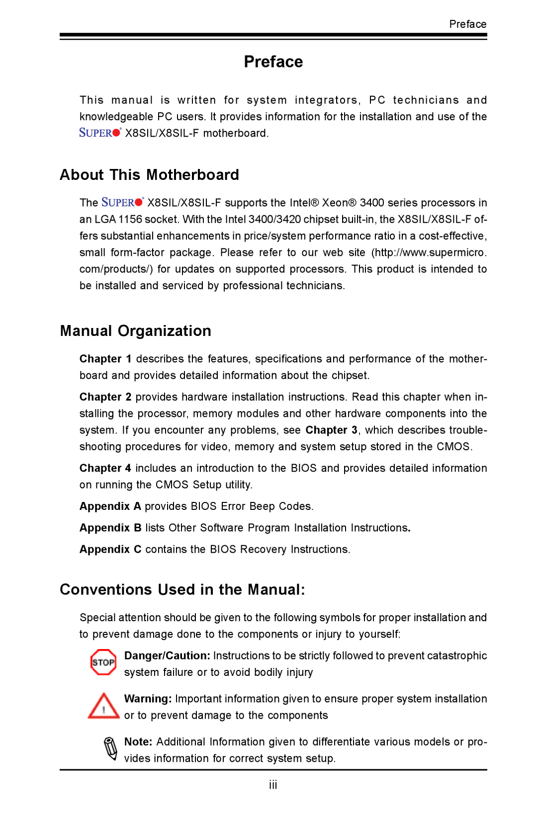 SUPER MICRO Computer X8SIL user manual About This Motherboard Manual Organization, Conventions Used in the Manual 