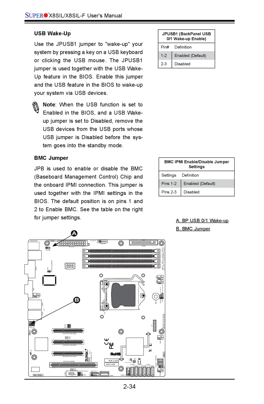 SUPER MICRO Computer X8SIL user manual USB Wake-Up, BMC Jumper, BP USB 0/1 Wake-up 