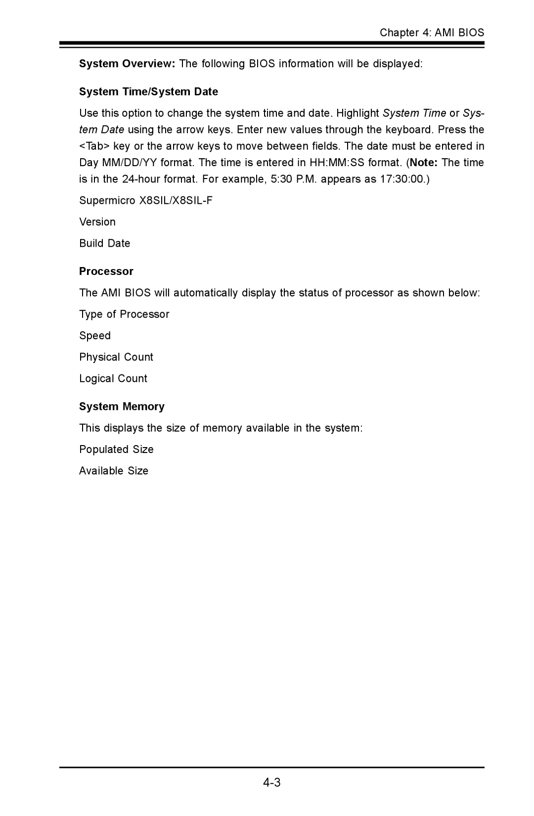 SUPER MICRO Computer X8SIL user manual System Time/System Date, Processor, System Memory 