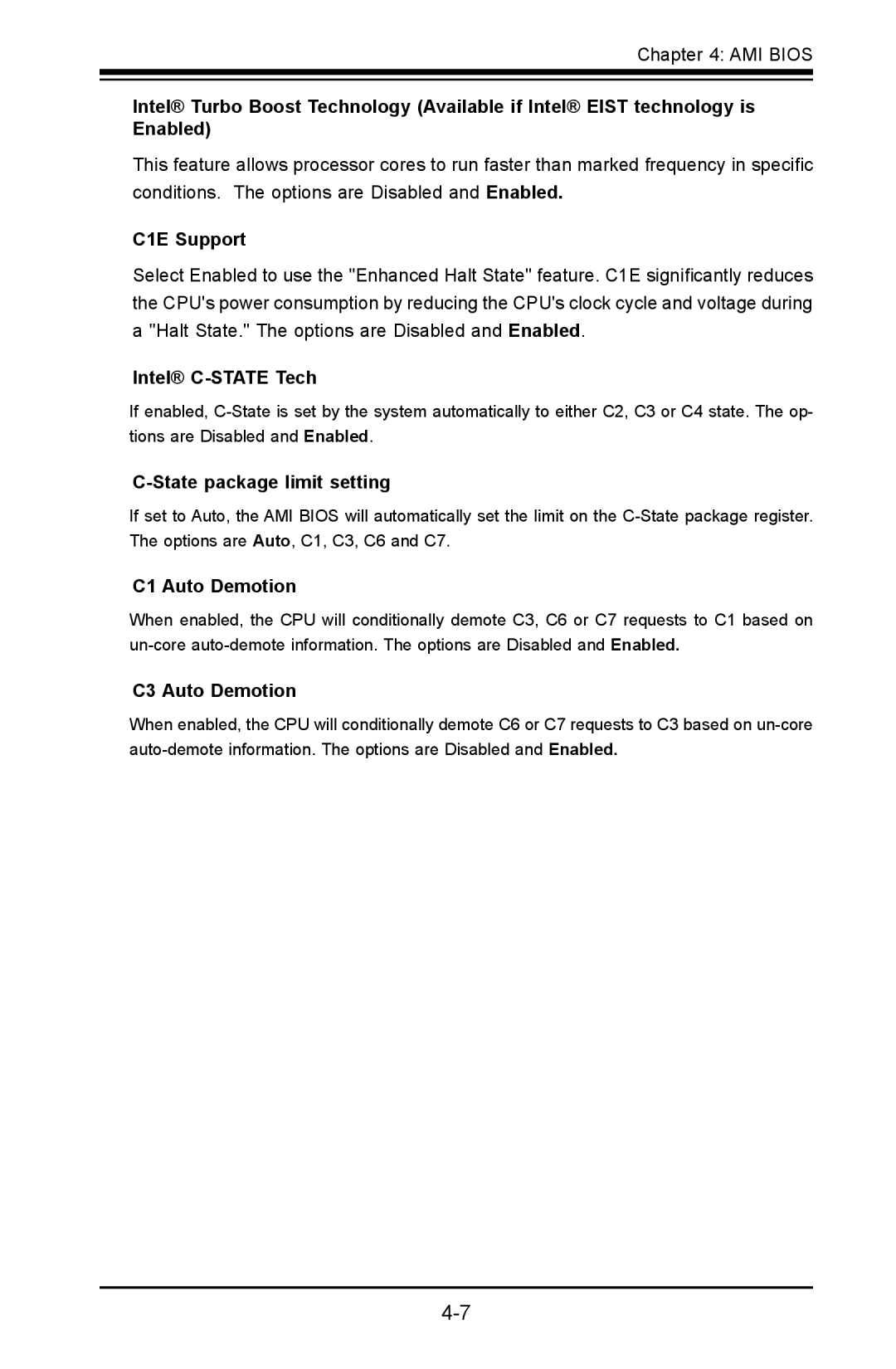 SUPER MICRO Computer X8SIL user manual C1E Support, Intel C-STATE Tech, State package limit setting, C1 Auto Demotion 