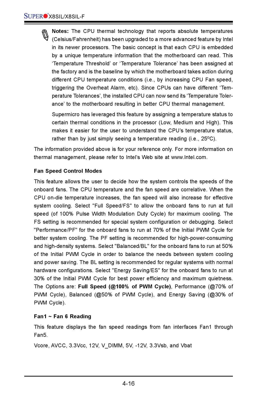 SUPER MICRO Computer X8SIL user manual Fan Speed Control Modes, Fan1 ~ Fan 6 Reading 