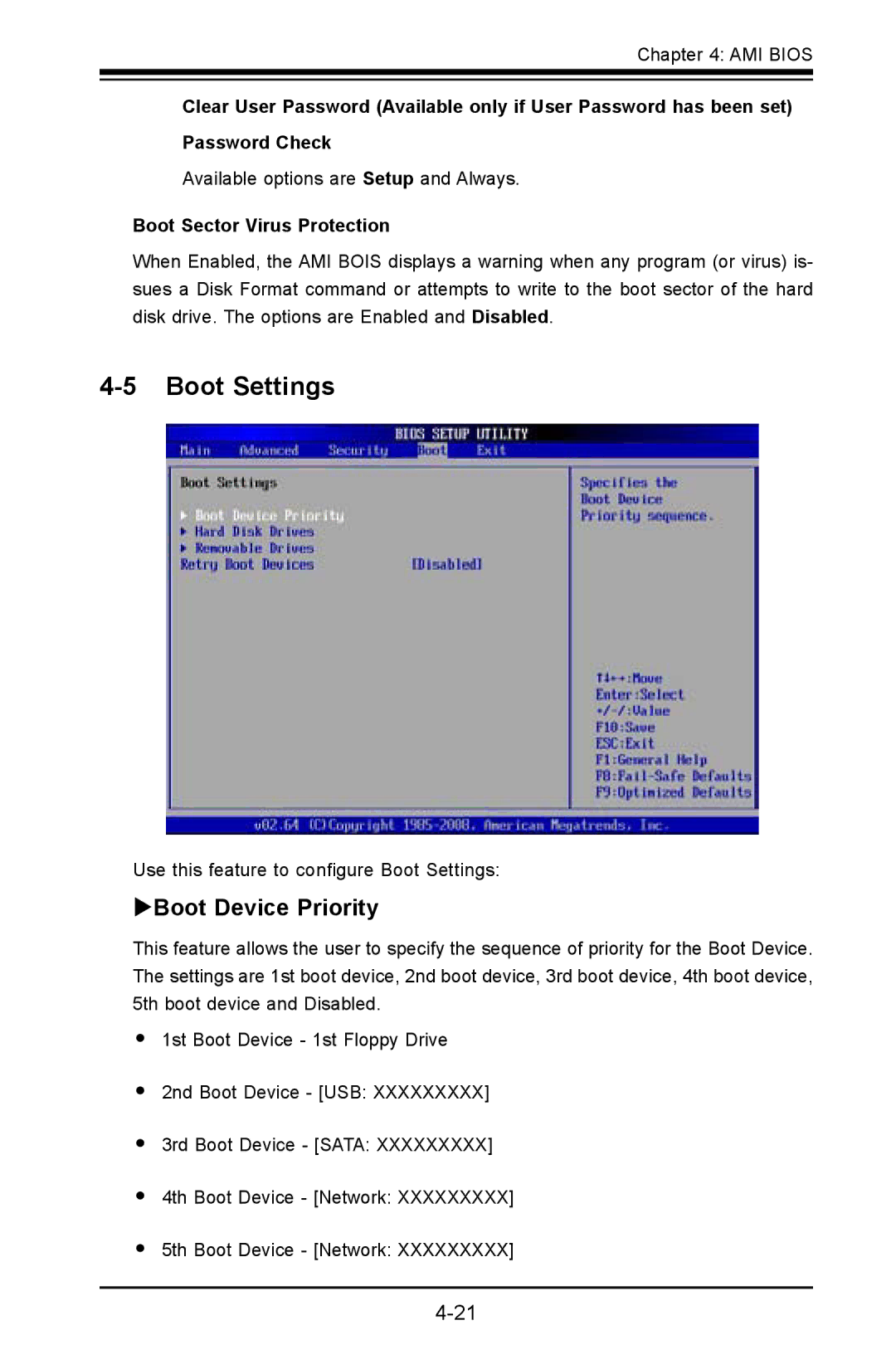 SUPER MICRO Computer X8SIL user manual Boot Settings, Boot Device Priority, Boot Sector Virus Protection 