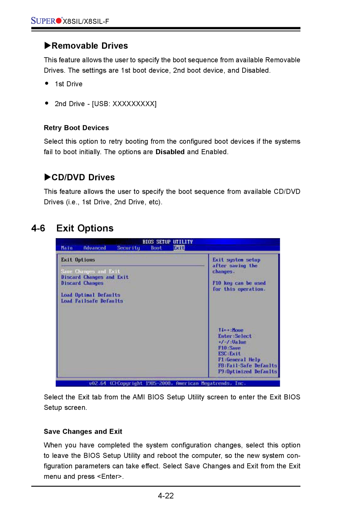 SUPER MICRO Computer X8SIL Exit Options, Removable Drives, CD/DVD Drives, Retry Boot Devices, Save Changes and Exit 