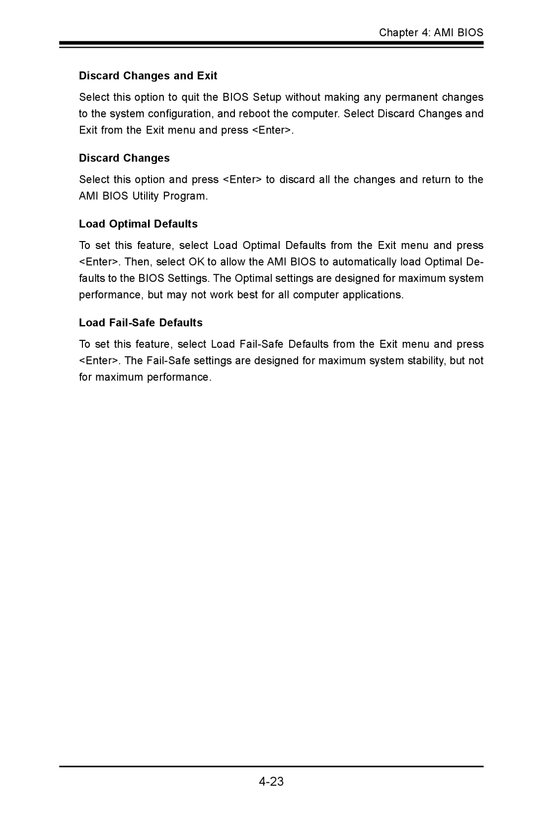 SUPER MICRO Computer X8SIL user manual Discard Changes and Exit, Load Optimal Defaults, Load Fail-Safe Defaults 