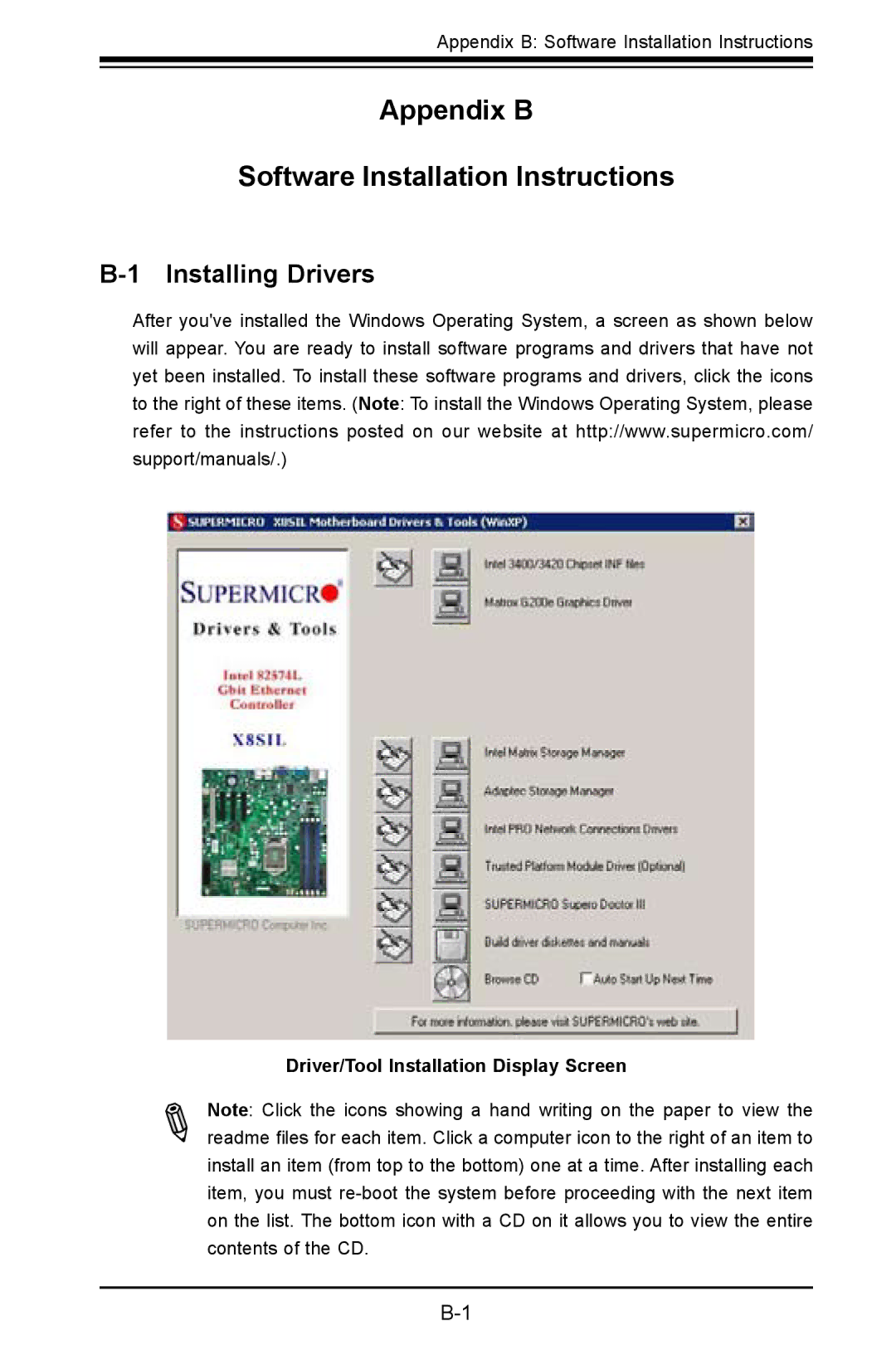 SUPER MICRO Computer X8SIL user manual Installing Drivers, Driver/Tool Installation Display Screen 