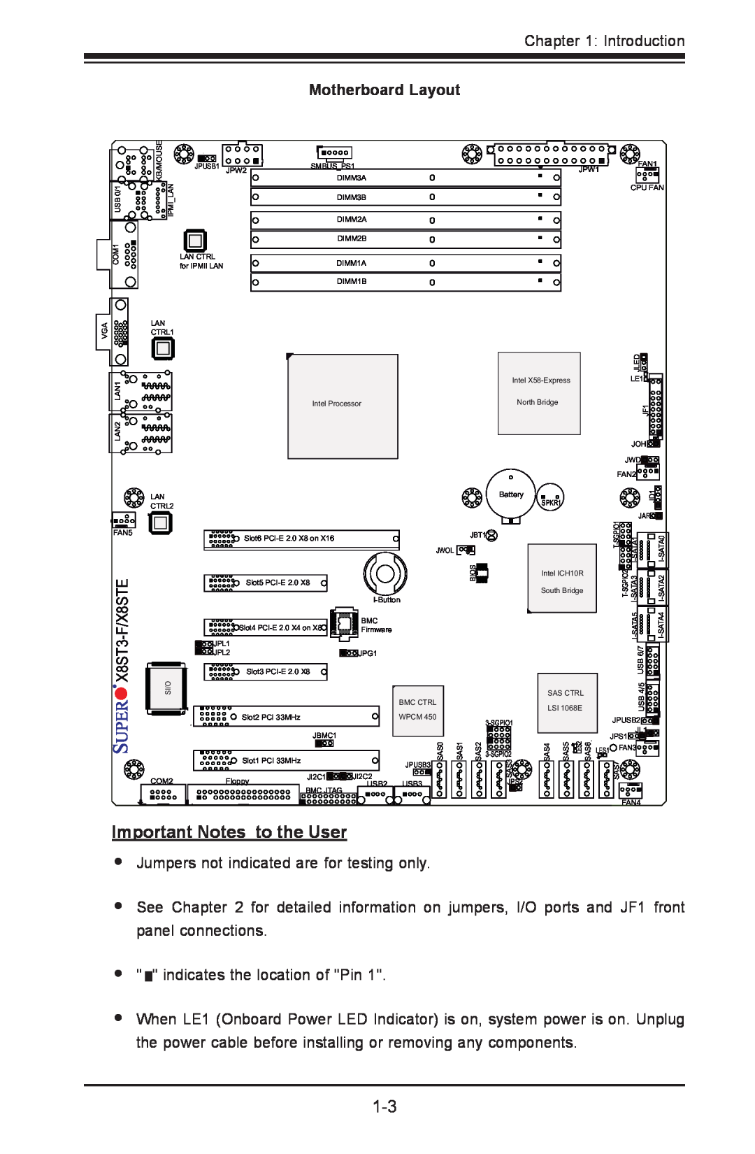 SUPER MICRO Computer X8STE, X8ST3-F user manual Important Notes to the User, Motherboard Layout 