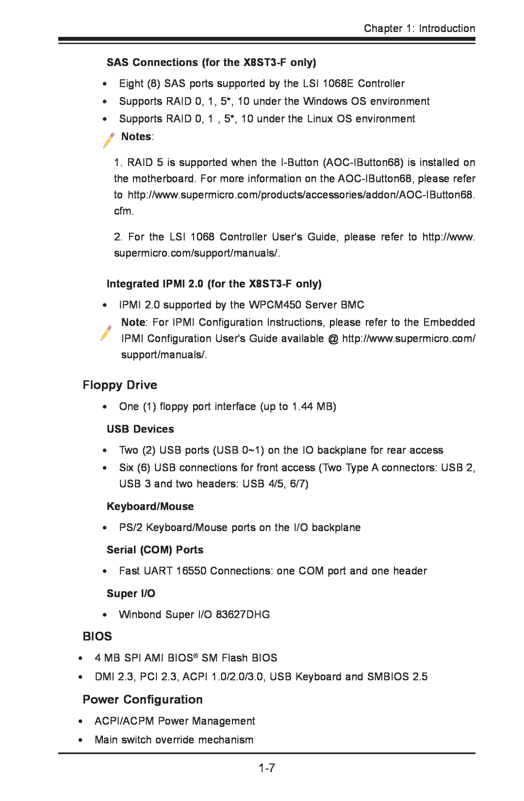 SUPER MICRO Computer X8STE Floppy Drive, Bios, Power Configuration, SAS Connections for the X8ST3-F only, USB Devices 