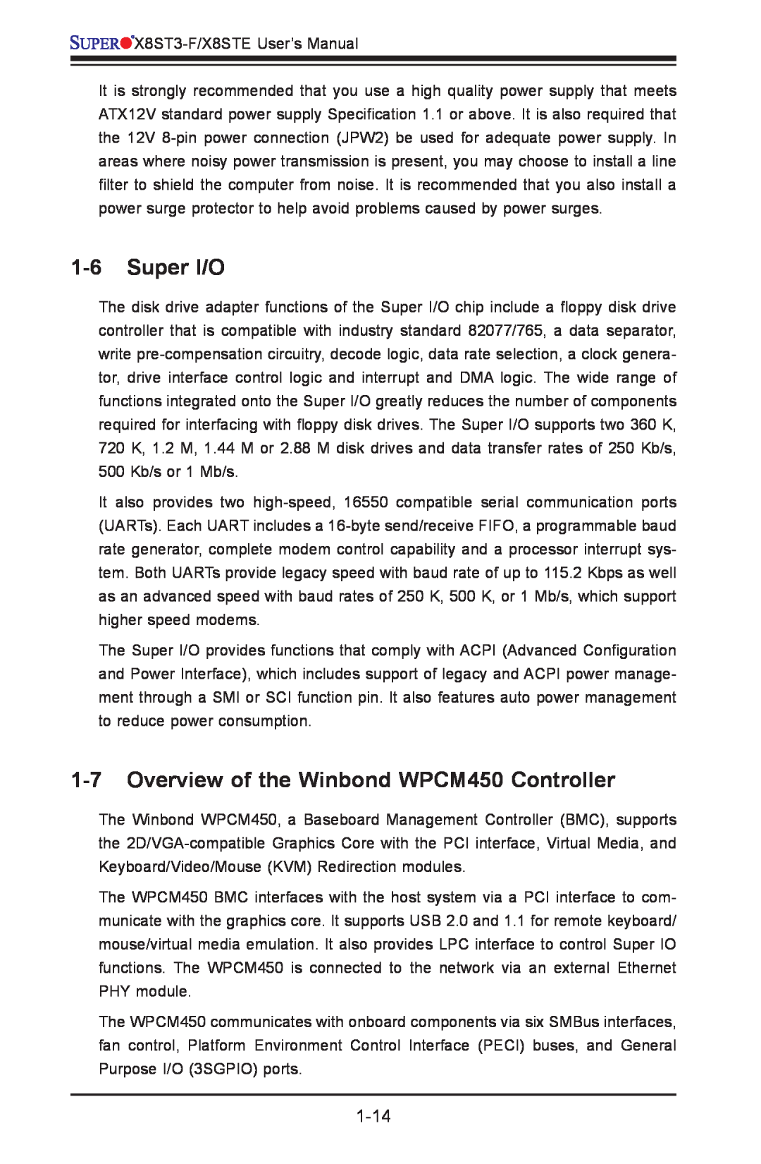 SUPER MICRO Computer X8ST3-F, X8STE user manual Super I/O, Overview of the Winbond WPCM450 Controller, 1-14 