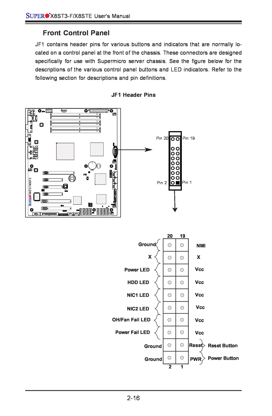 SUPER MICRO Computer X8ST3-F, X8STE user manual Front Control Panel, 2-16, JF1 Header Pins 