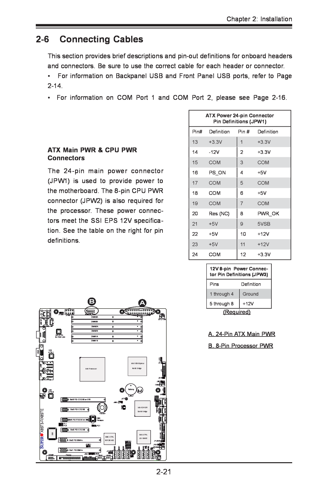 SUPER MICRO Computer X8STE, X8ST3-F user manual Connecting Cables, 2-21, ATX Main PWR & CPU PWR Connectors 