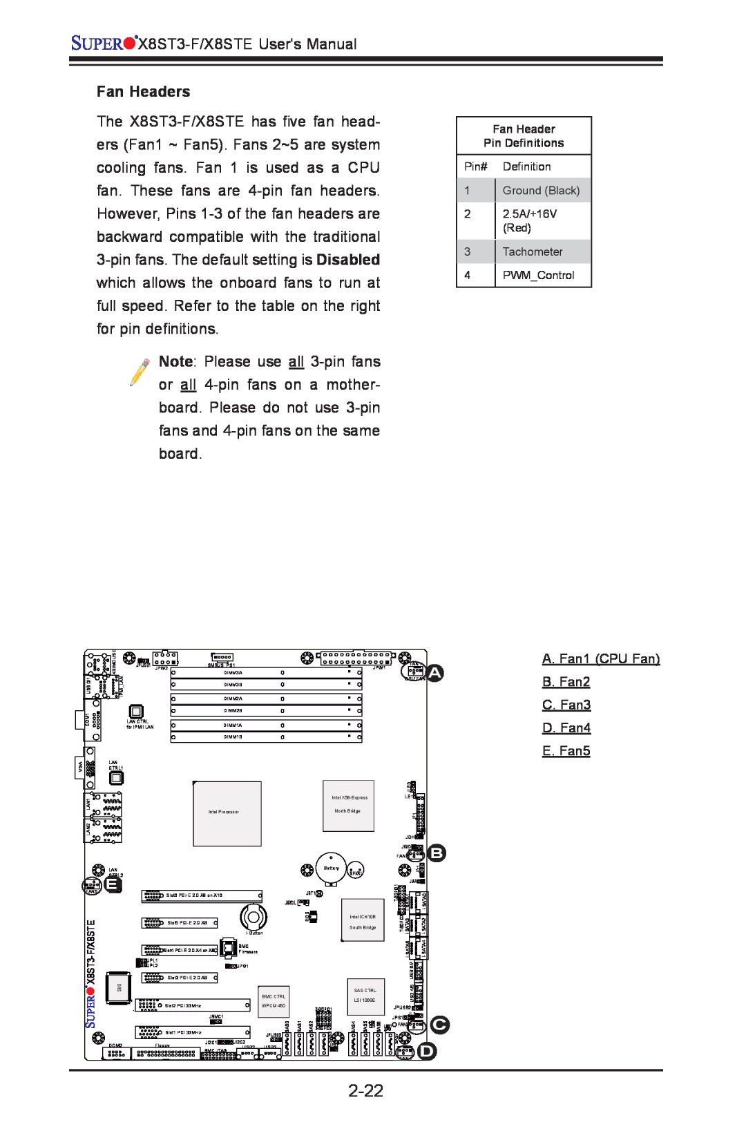 SUPER MICRO Computer X8ST3-F, X8STE user manual 2-22, Fan Headers, E. Fan5 