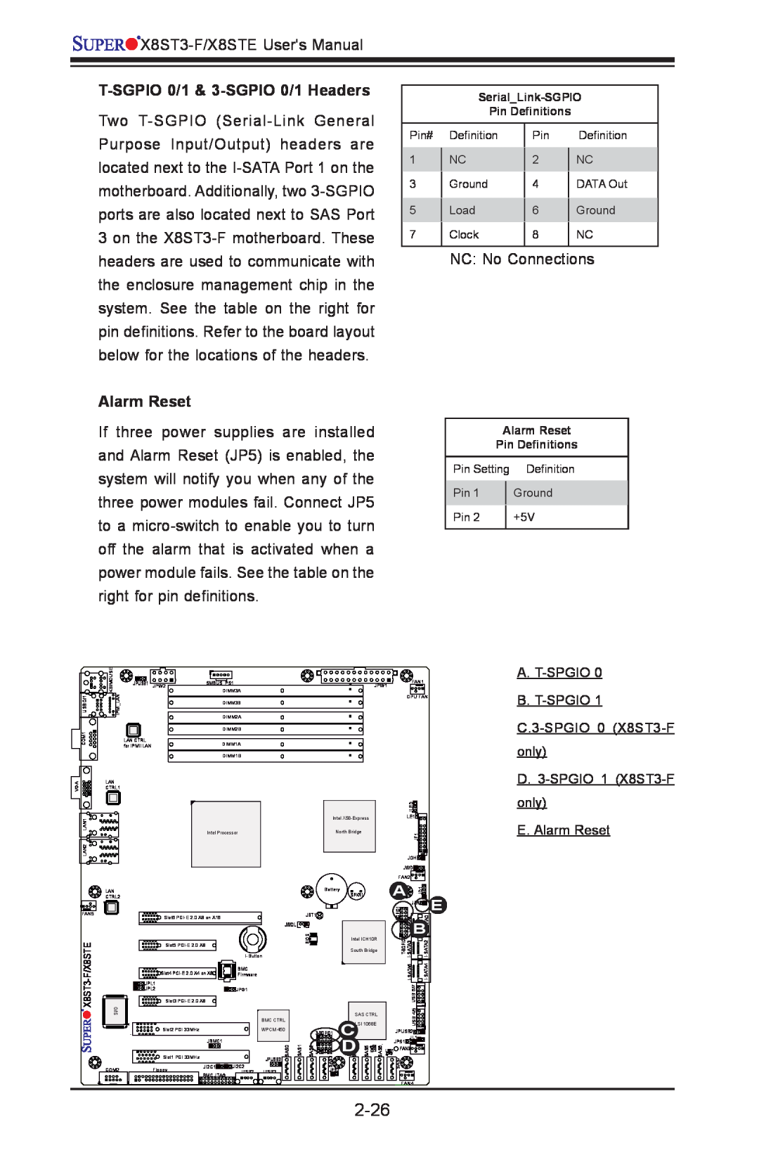 SUPER MICRO Computer X8ST3-F, X8STE user manual 2-26, T-SGPIO 0/1 & 3-SGPIO 0/1 Headers, Alarm Reset 