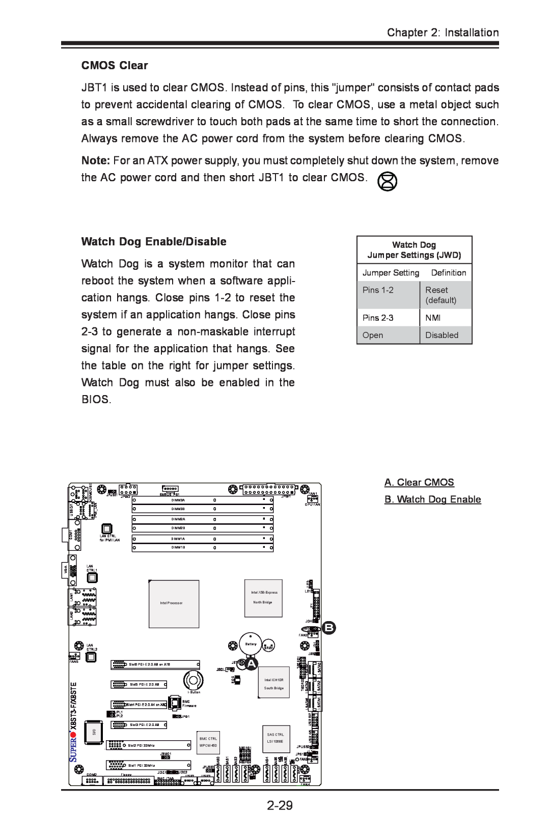 SUPER MICRO Computer X8STE, X8ST3-F 2-29, CMOS Clear, Watch Dog Enable/Disable, A. Clear CMOS B. Watch Dog Enable 