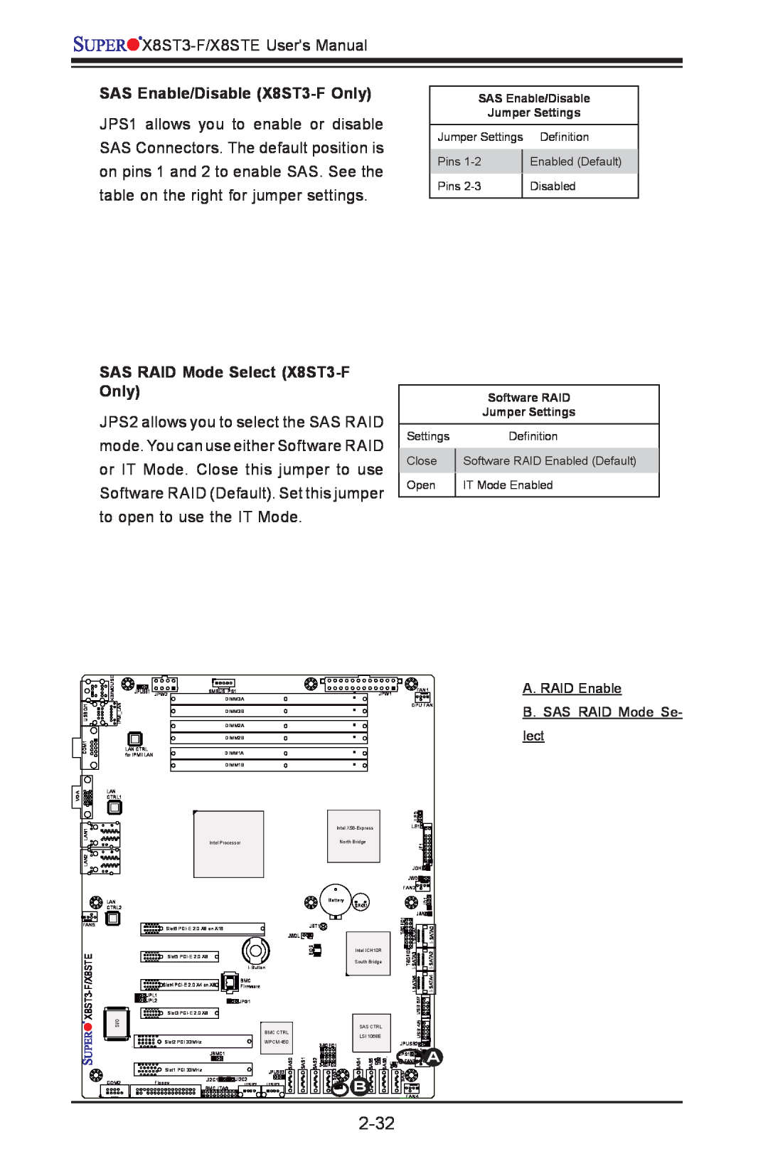 SUPER MICRO Computer X8STE user manual 2-32, SAS Enable/Disable X8ST3-F Only, SAS RAID Mode Select X8ST3-F Only 