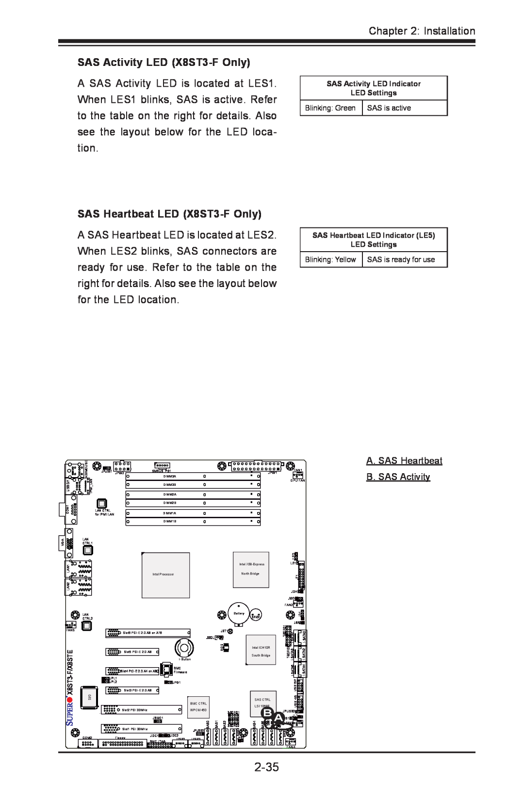 SUPER MICRO Computer X8STE user manual 2-35, SAS Activity LED X8ST3-F Only, SAS Heartbeat LED X8ST3-F Only 
