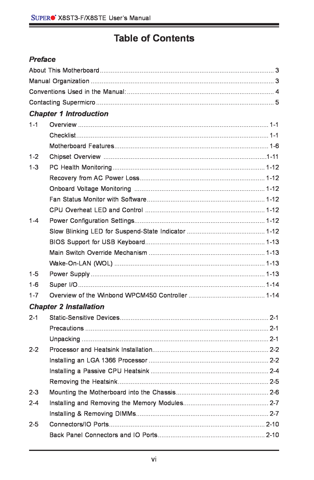 SUPER MICRO Computer X8ST3-F, X8STE user manual Table of Contents, Preface, Introduction, Installation 