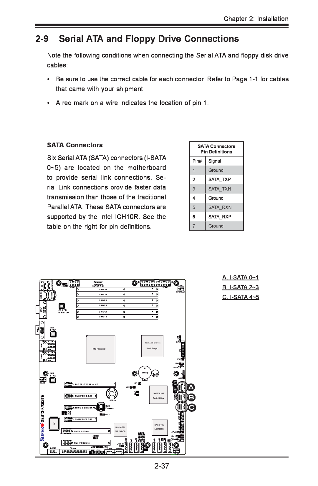 SUPER MICRO Computer X8STE Serial ATA and Floppy Drive Connections, 2-37, SATA Connectors, A. I-SATA 0~1, B. I-SATA 2~3 