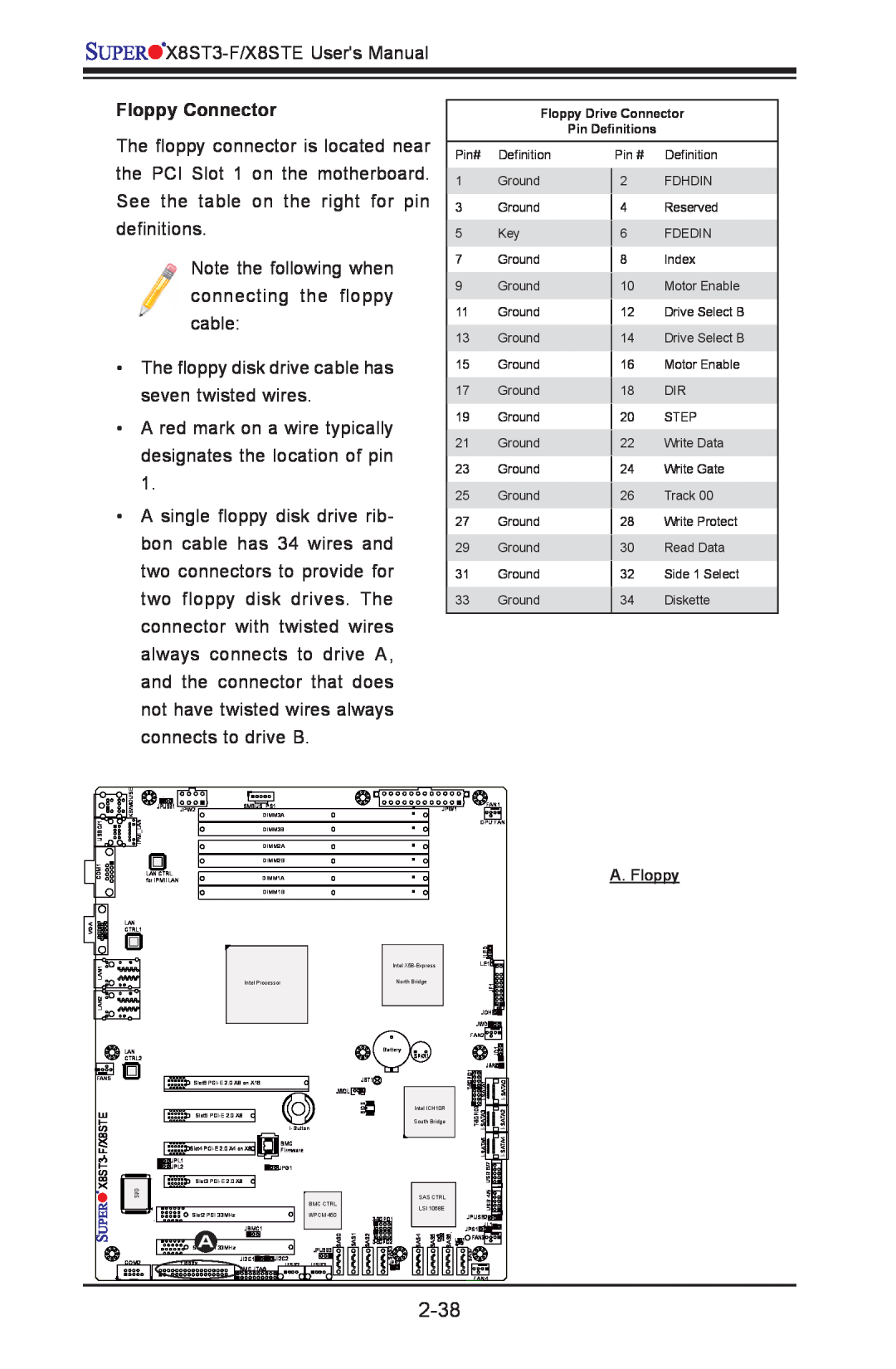 SUPER MICRO Computer X8ST3-F, X8STE user manual 2-38, Floppy Connector, A. Floppy 