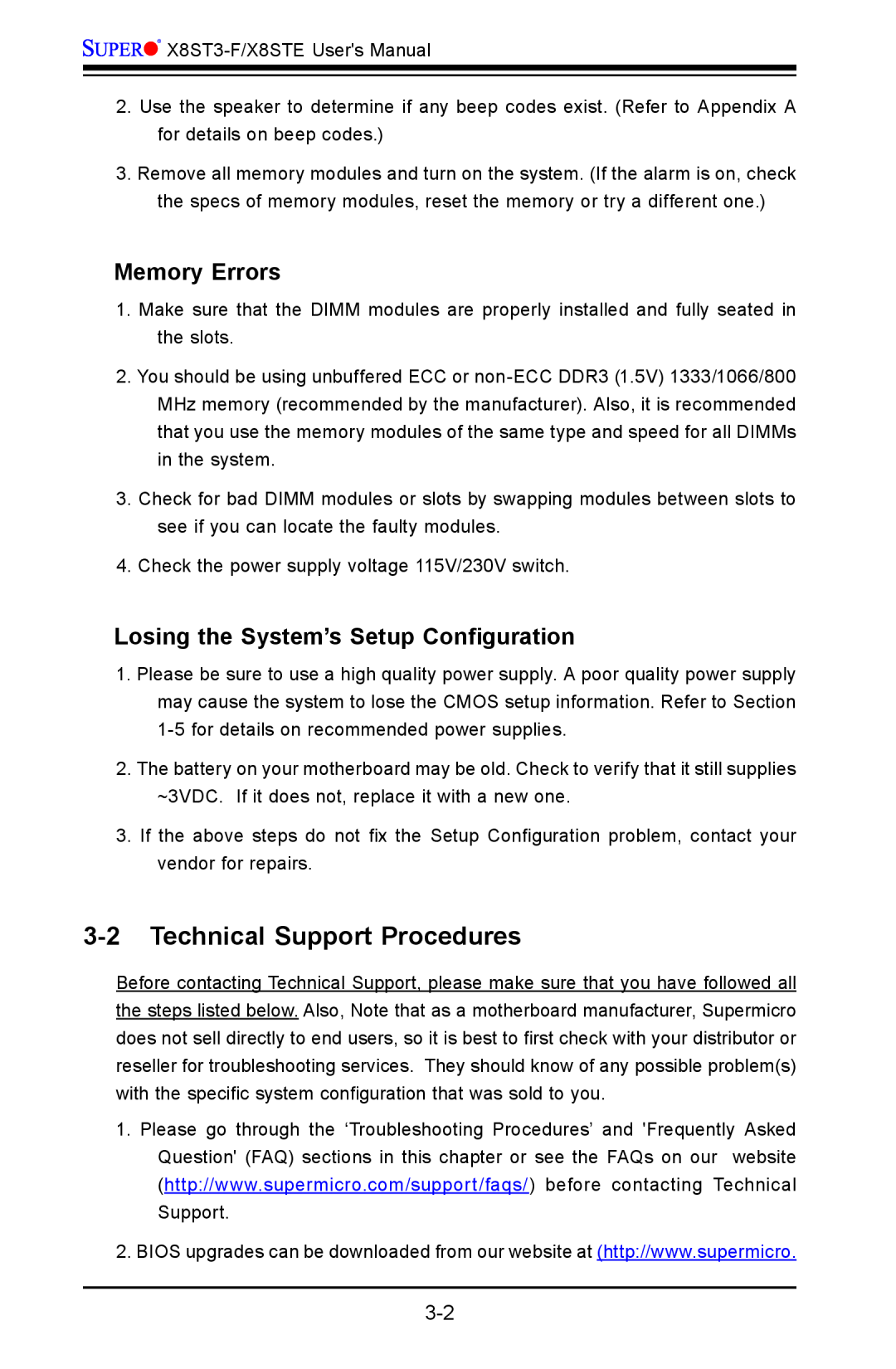 SUPER MICRO Computer X8ST3-F, X8STE Technical Support Procedures, Memory Errors, Losing the System’s Setup Configuration 