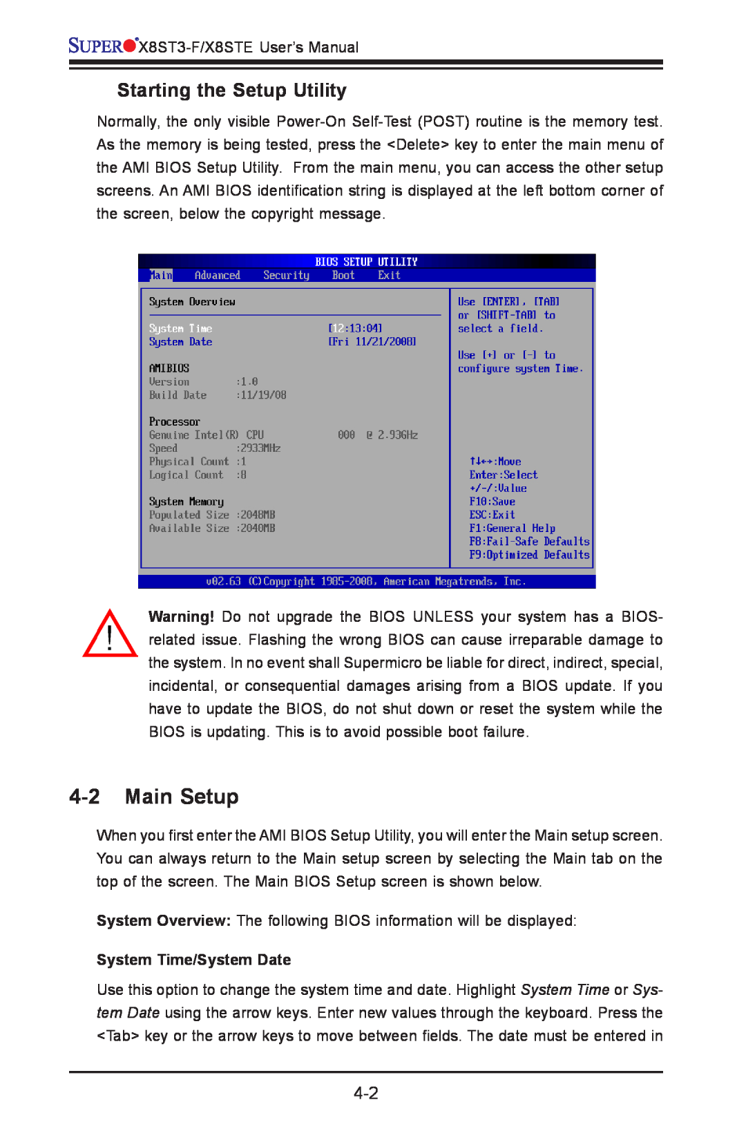 SUPER MICRO Computer X8ST3-F, X8STE user manual Main Setup, Starting the Setup Utility, System Time/System Date 
