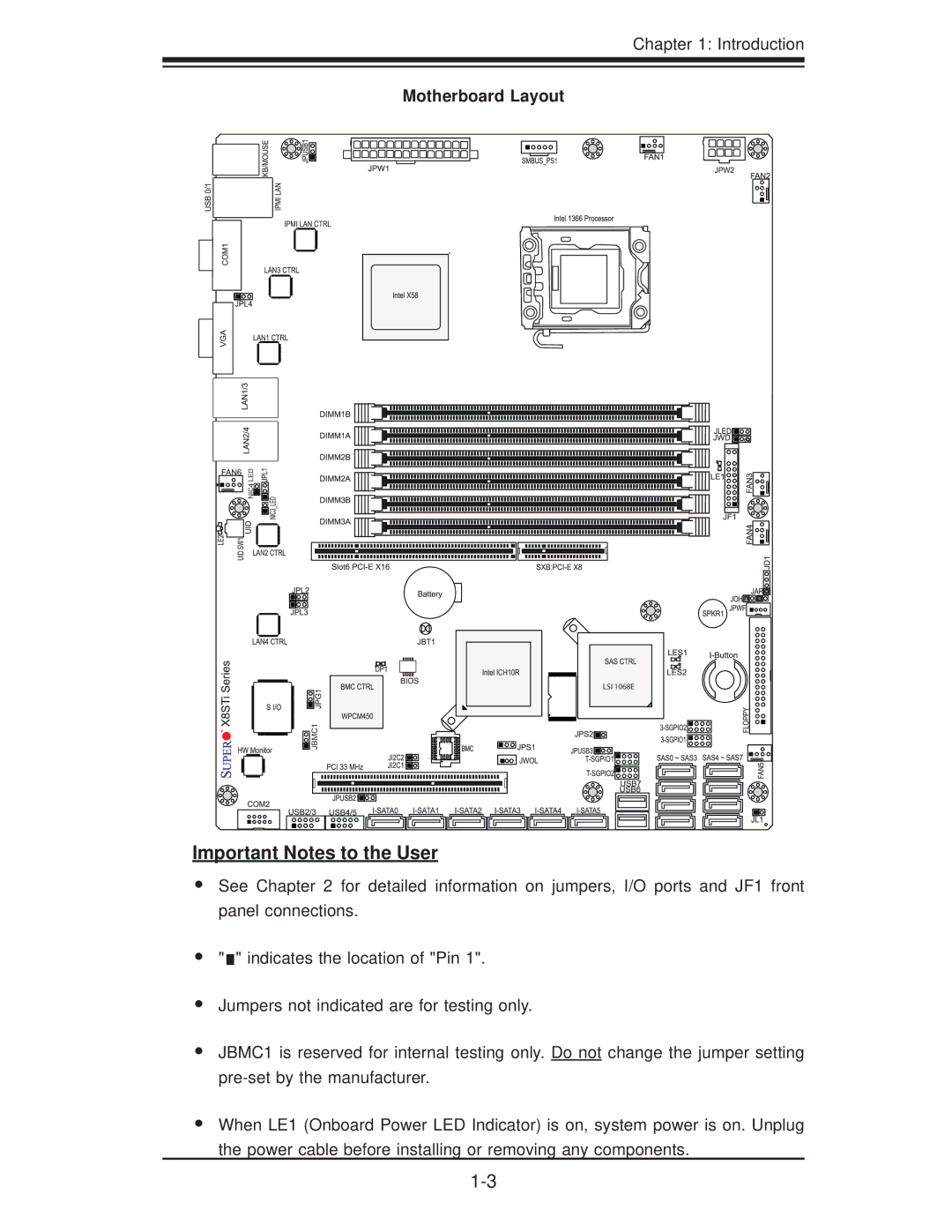 SUPER MICRO Computer X8STI-3F, X8STI-F, X8STI-LN4 user manual Important Notes to the User, Motherboard Layout 