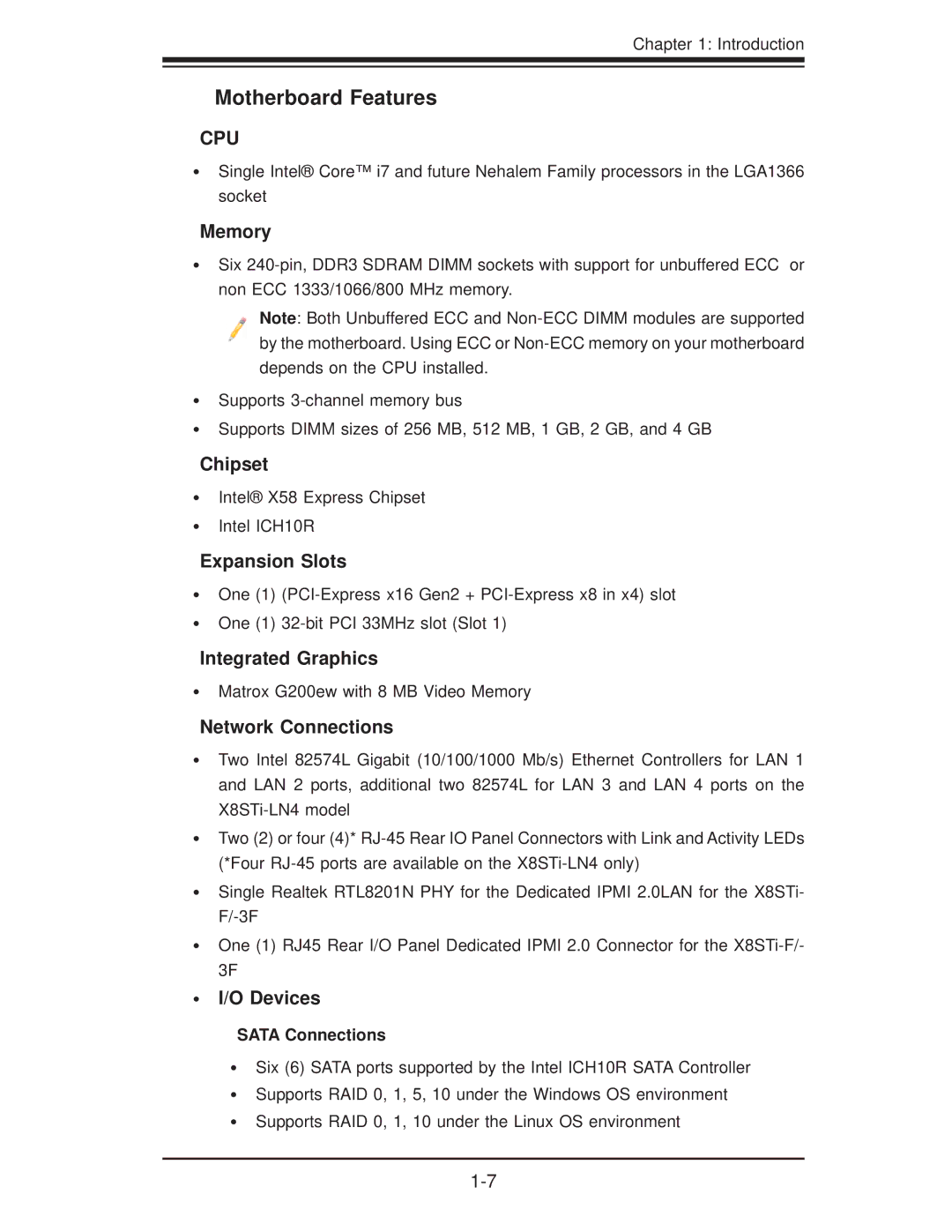 SUPER MICRO Computer X8STI-3F, X8STI-F, X8STI-LN4 user manual Motherboard Features, Sata Connections 