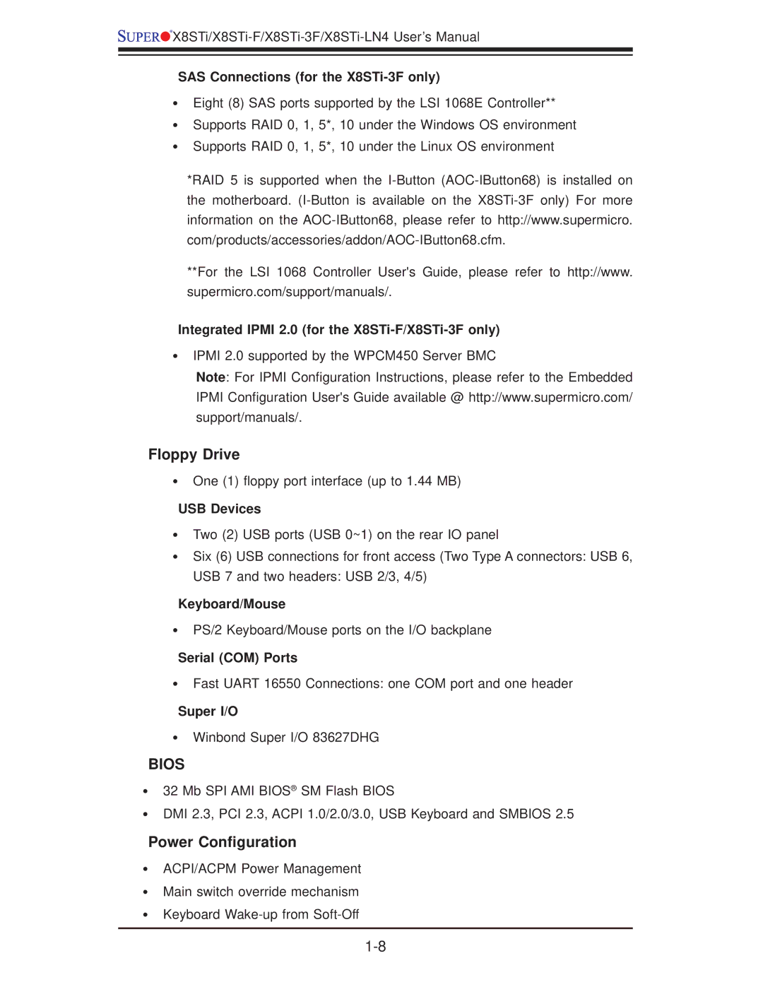 SUPER MICRO Computer X8STI-F SAS Connections for the X8STi-3F only, Integrated Ipmi 2.0 for the X8STi-F/X8STi-3F only 