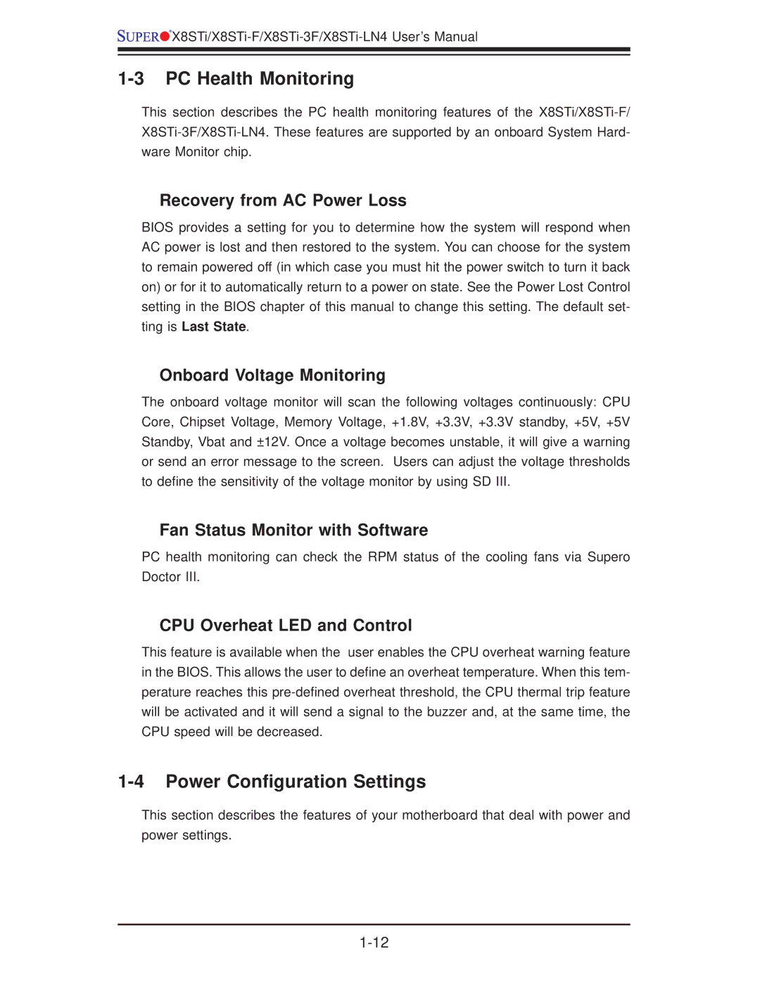 SUPER MICRO Computer X8STI-F, X8STI-LN4, X8STI-3F user manual PC Health Monitoring, Power Conﬁguration Settings 