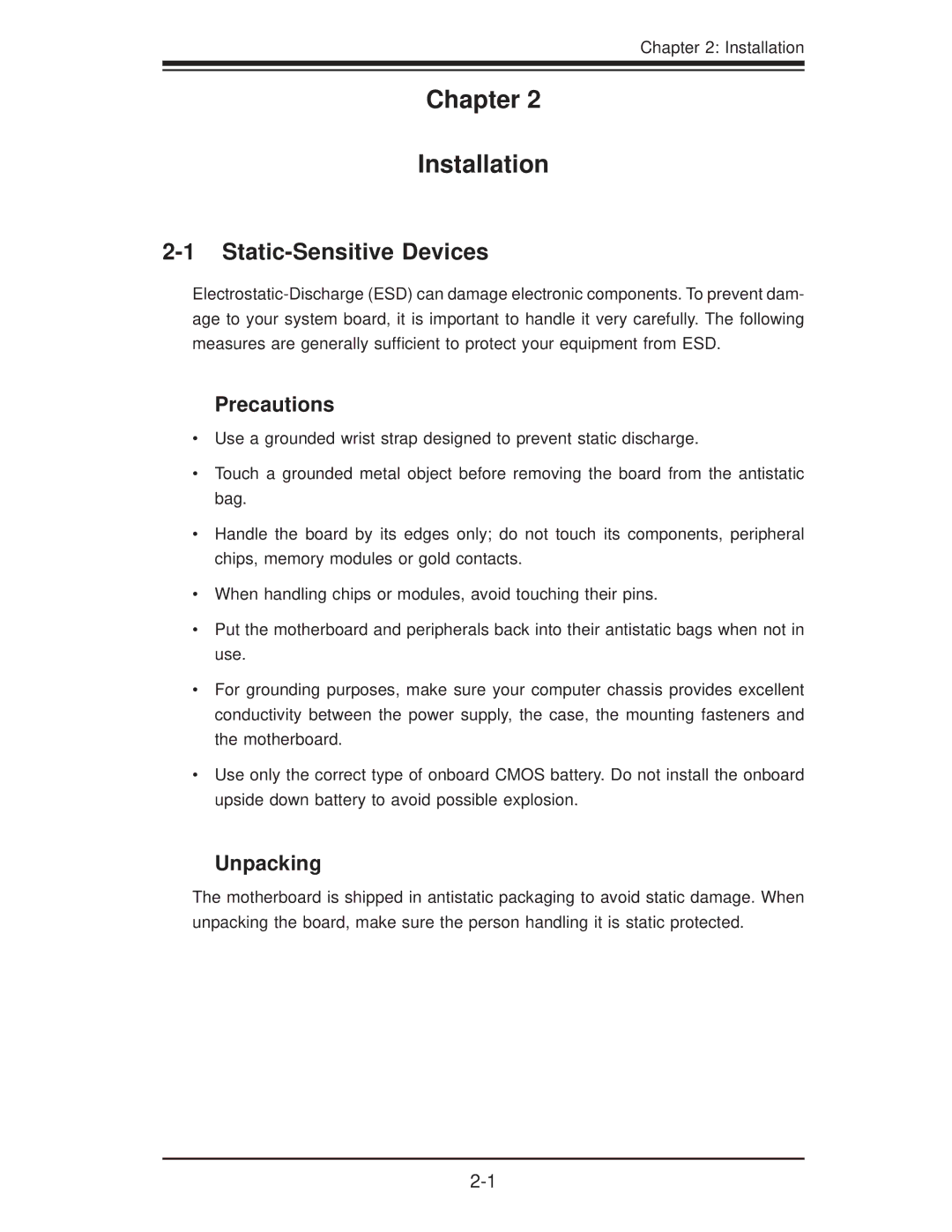 SUPER MICRO Computer X8STI-LN4, X8STI-F, X8STI-3F user manual Static-Sensitive Devices, Precautions, Unpacking 