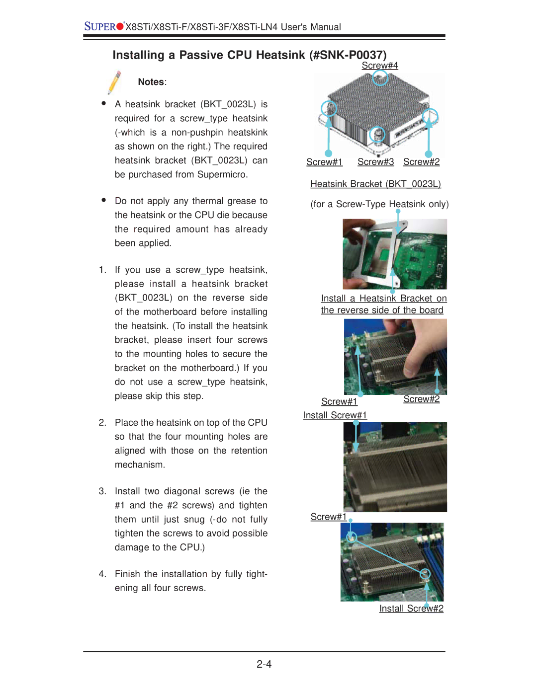 SUPER MICRO Computer X8STI-F, X8STI-LN4, X8STI-3F user manual Installing a Passive CPU Heatsink #SNK-P0037 