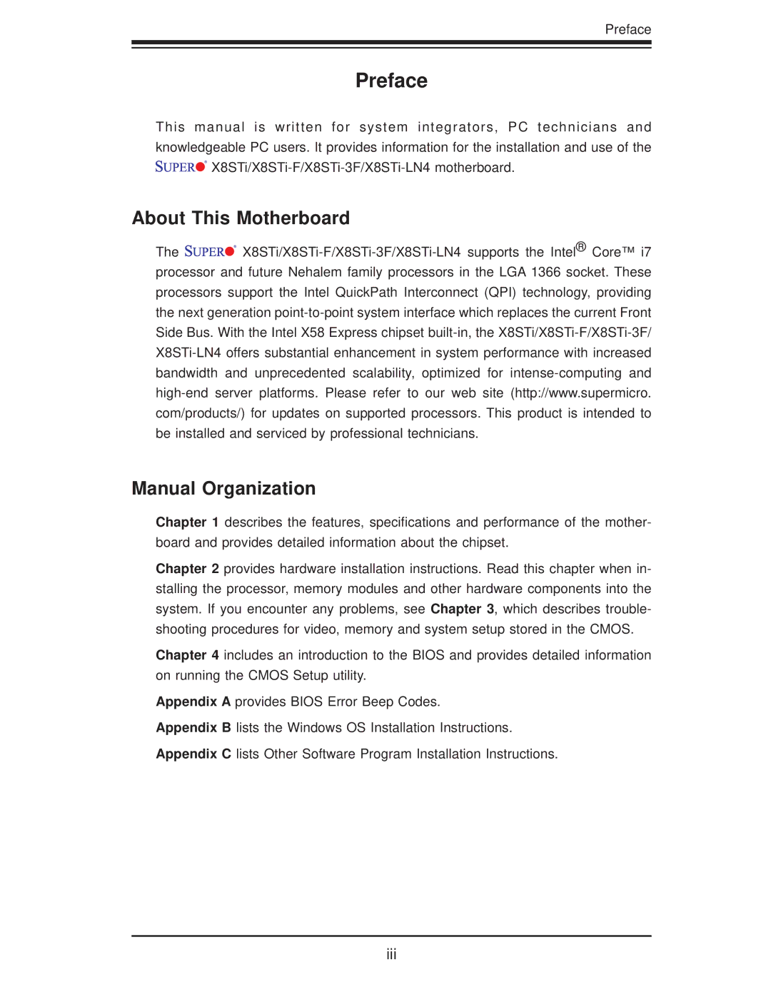 SUPER MICRO Computer X8STI-3F, X8STI-F, X8STI-LN4 user manual Preface, About This Motherboard Manual Organization 