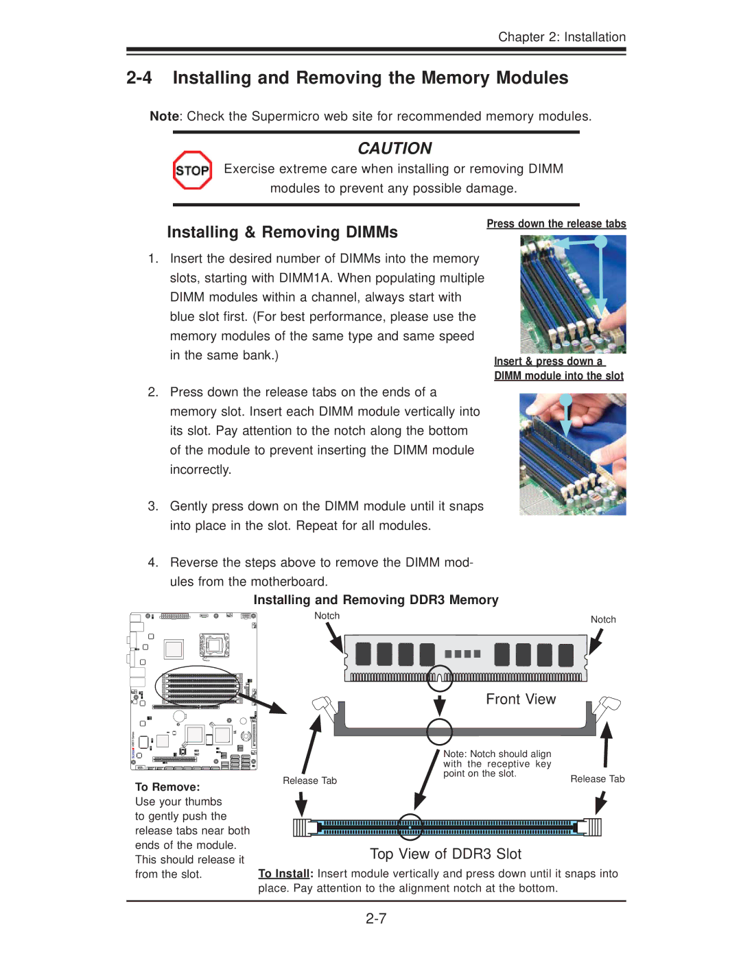 SUPER MICRO Computer X8STI-3F, X8STI-F Installing and Removing the Memory Modules, Installing & Removing DIMMs, Same bank 