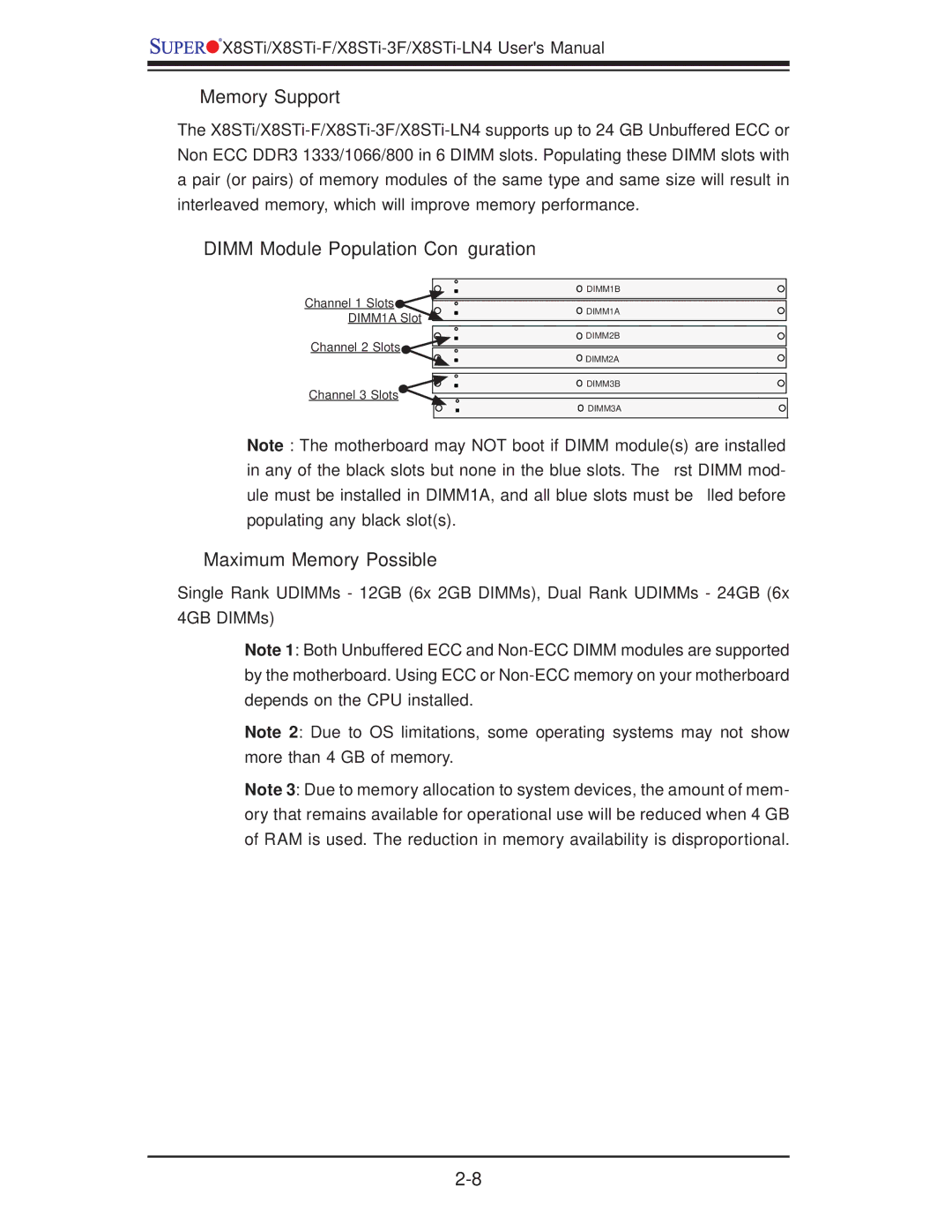 SUPER MICRO Computer X8STI-F, X8STI-LN4, X8STI-3F user manual Memory Support 